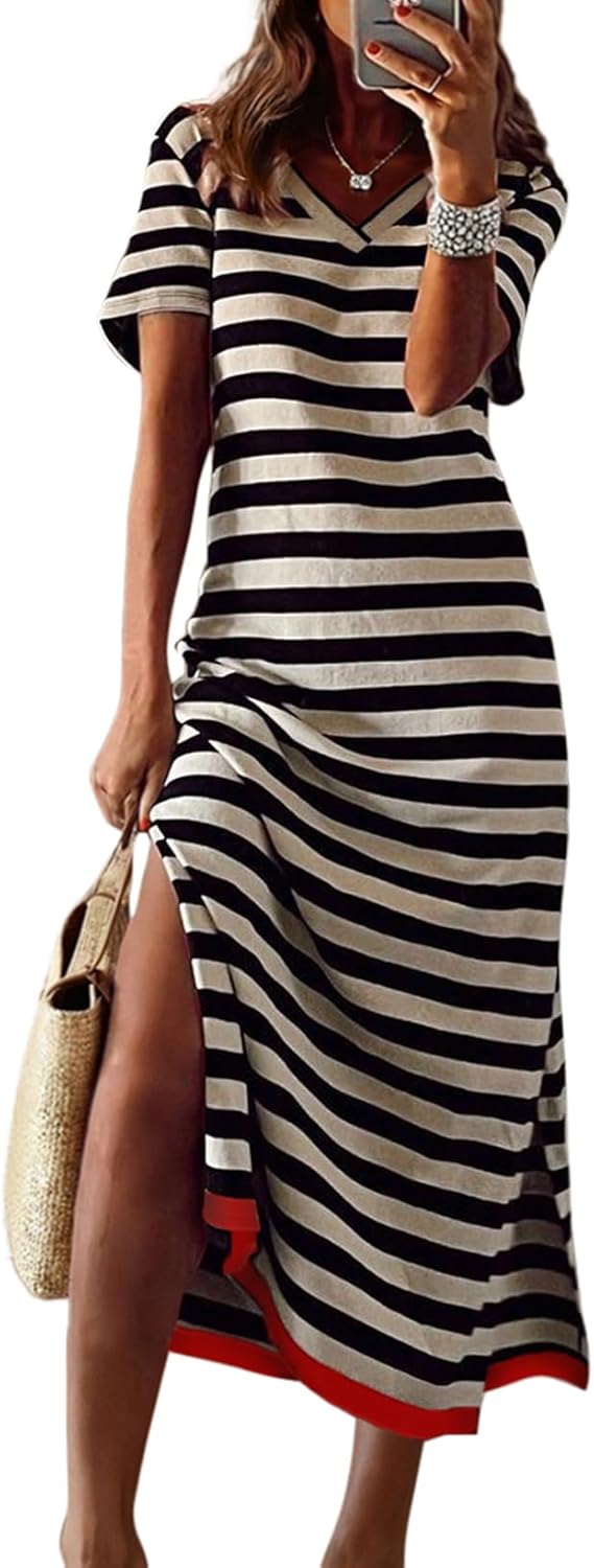 Dokotoo Womens Summer Casual Trendy 2026 Short Sleeve Maxi Dress Striped Split Vacation Color Block T Shirt Dress