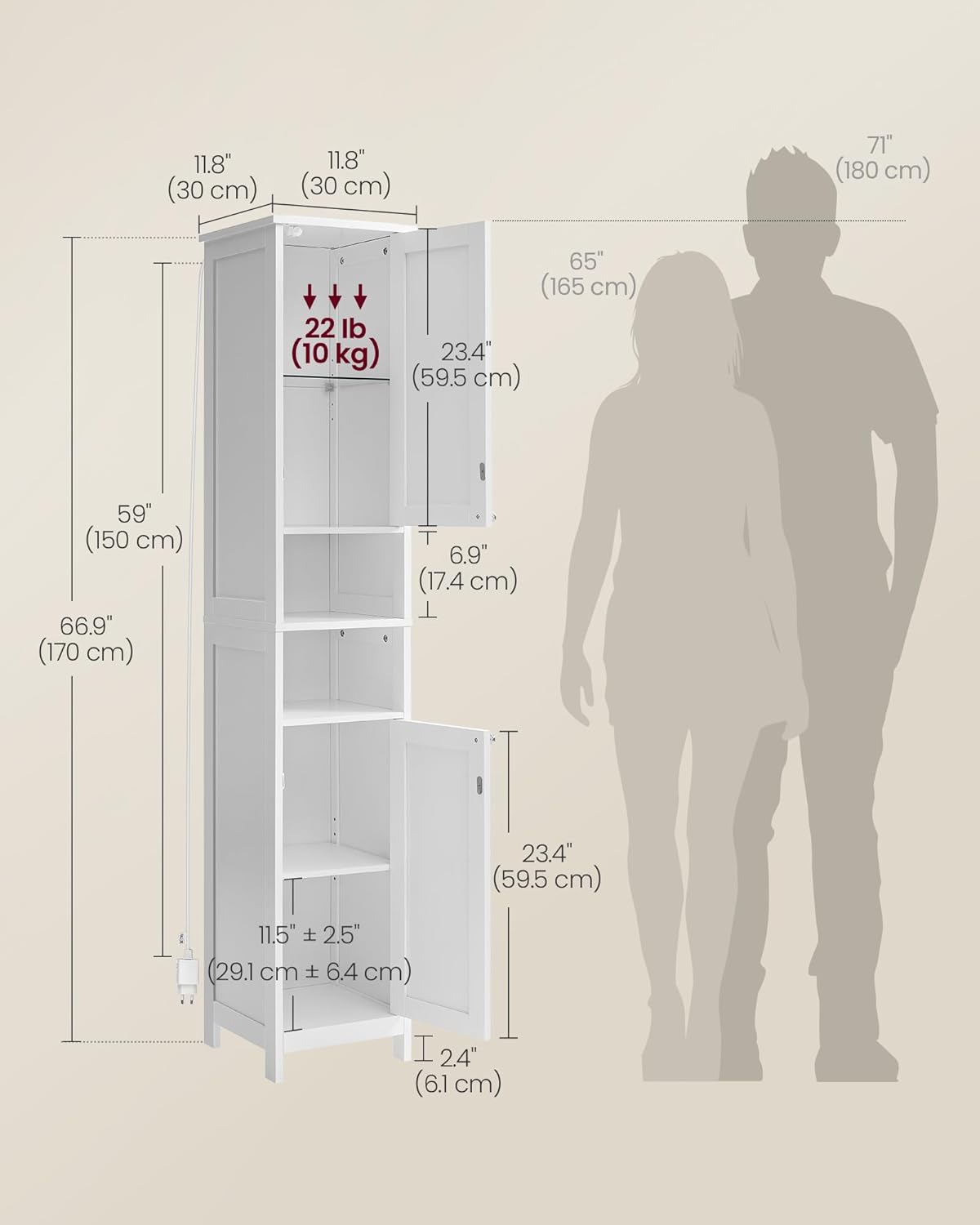 VASAGLE Tall Storage Cabinet with Lights, Slim Freestanding Cabinet with Adjustable Shelves, for Small Spaces, Bathroom, Living Room, Modern, 11.8 Inches Wide, Cloud White UBBC566W02V1 - Image 3