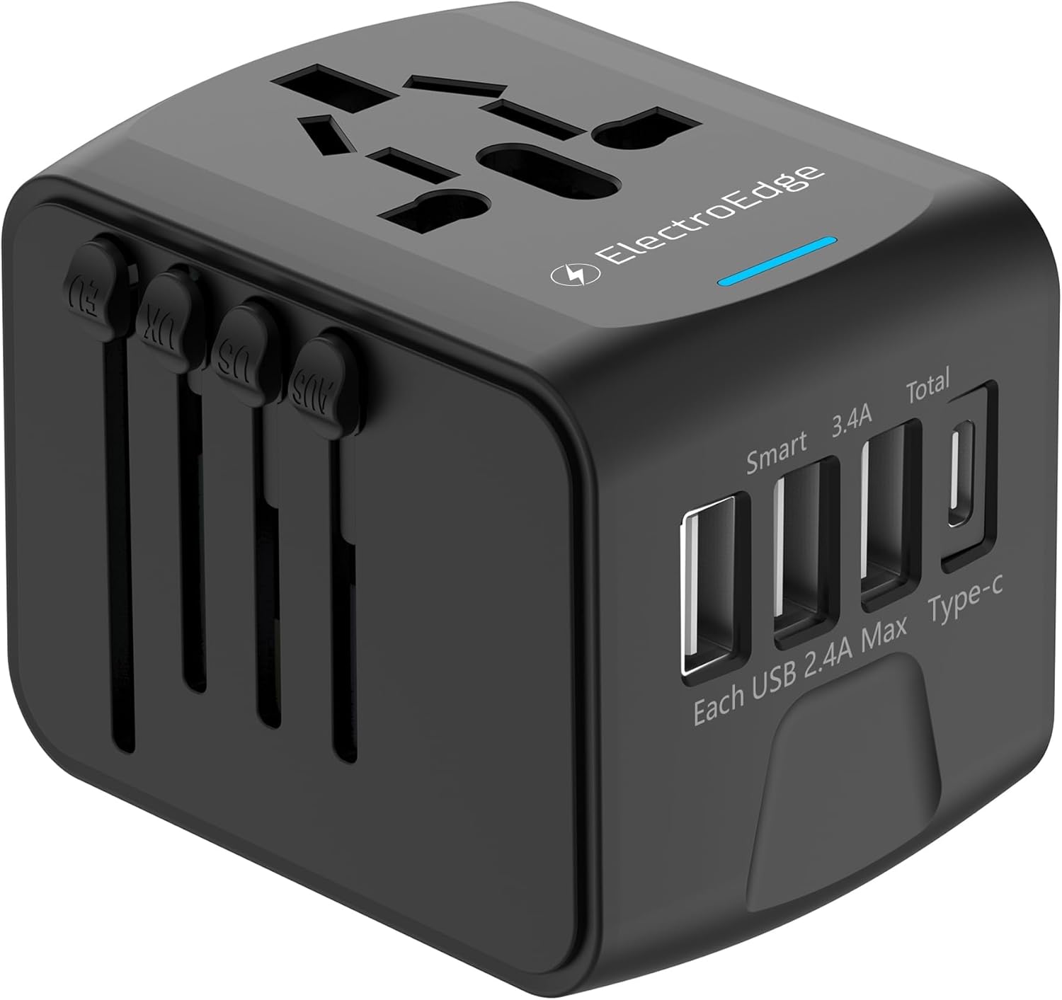 Universal Travel Adapter with 3USBA + 1USBC Port, All-in-1 Worldwide Travel Adapter | European to UK Plug Adaptor | International Travel Plug Adapter for US/EU/AUS/UK