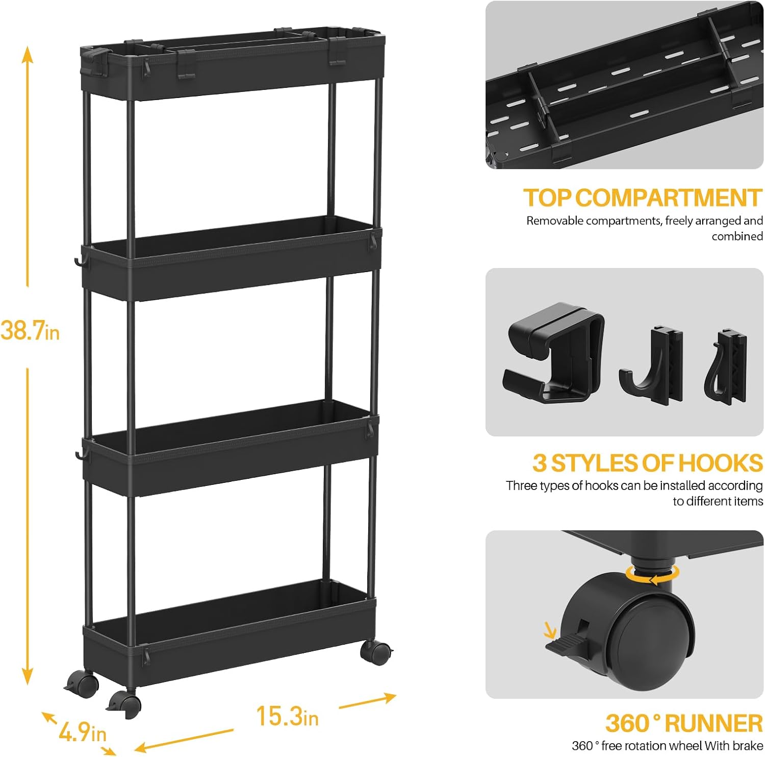 SPACELEAD Slim Storage Cart 4 Tier,Bathroom Organizer Rolling Utility,Mobile Shelving Unit Slide Out for Office, Kitchen, Laundry Room & Narrow Places,Black - Image 4