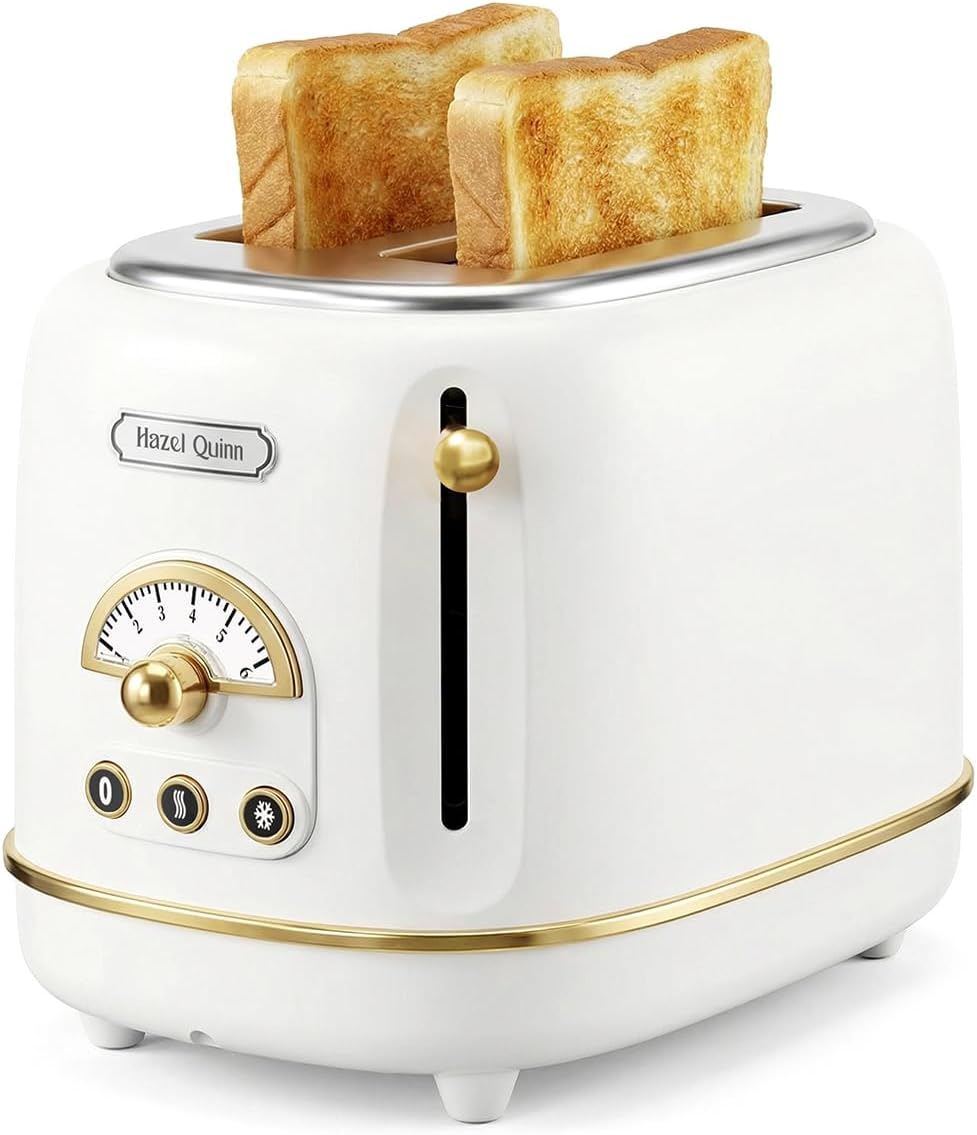 Hazel Quinn 2-Slice Retro Toaster, 6 Browning Levels, 3 Functions-Defrost/Reheat/Cancel, Removable Crumb Tray for Easy to Clean, 1.5 Inches Extra Wide Slots - Pearl White
