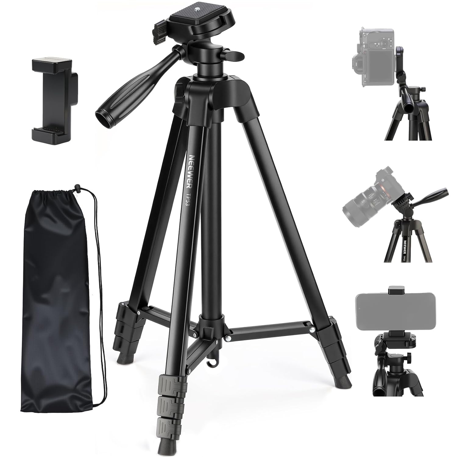 NEEWER Entry Level Version Tripod for Cell Phone & Camera, Metal Lightweight Portable Travel Stand with Cold Shoe Cellphone Holder Mount Compatible with iPhone for Video Recording Filming, TP53