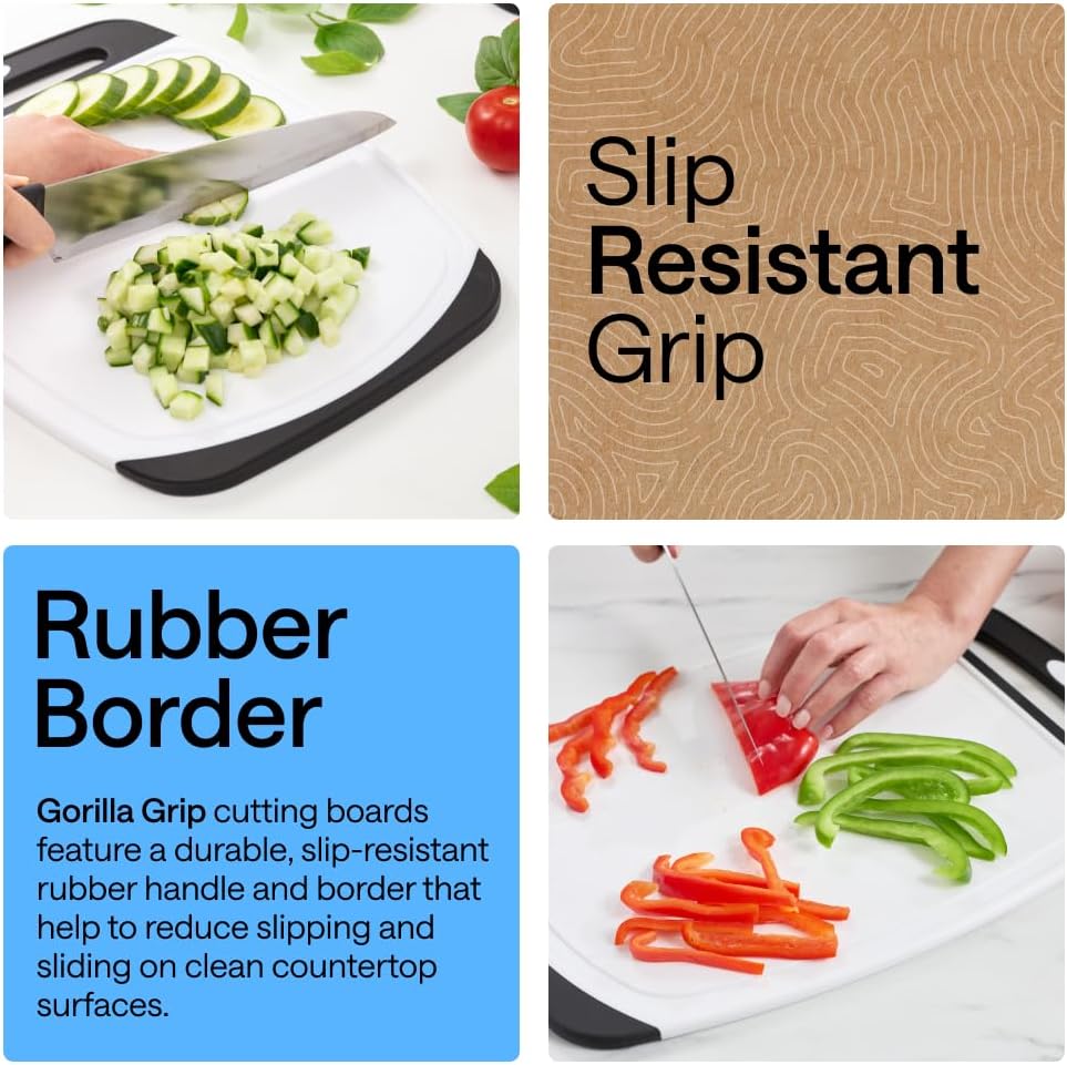 GORILLA GRIP BPA-Free Reversible Kitchen Cutting Board Set of 3, US Designed, Nonporous, Juice Grooves Catch Liquid, Slip Resistant Border, Dishwasher Safe, Durable Large Food Chopping Boards, Black - Image 3