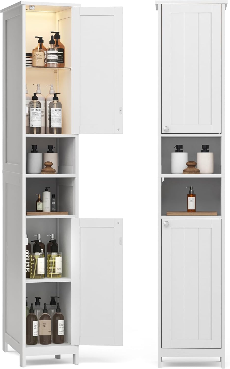 VASAGLE Tall Storage Cabinet with Lights, Slim Freestanding Cabinet with Adjustable Shelves, for Small Spaces, Bathroom, Living Room, Modern, 11.8 Inches Wide, Cloud White UBBC566W02V1