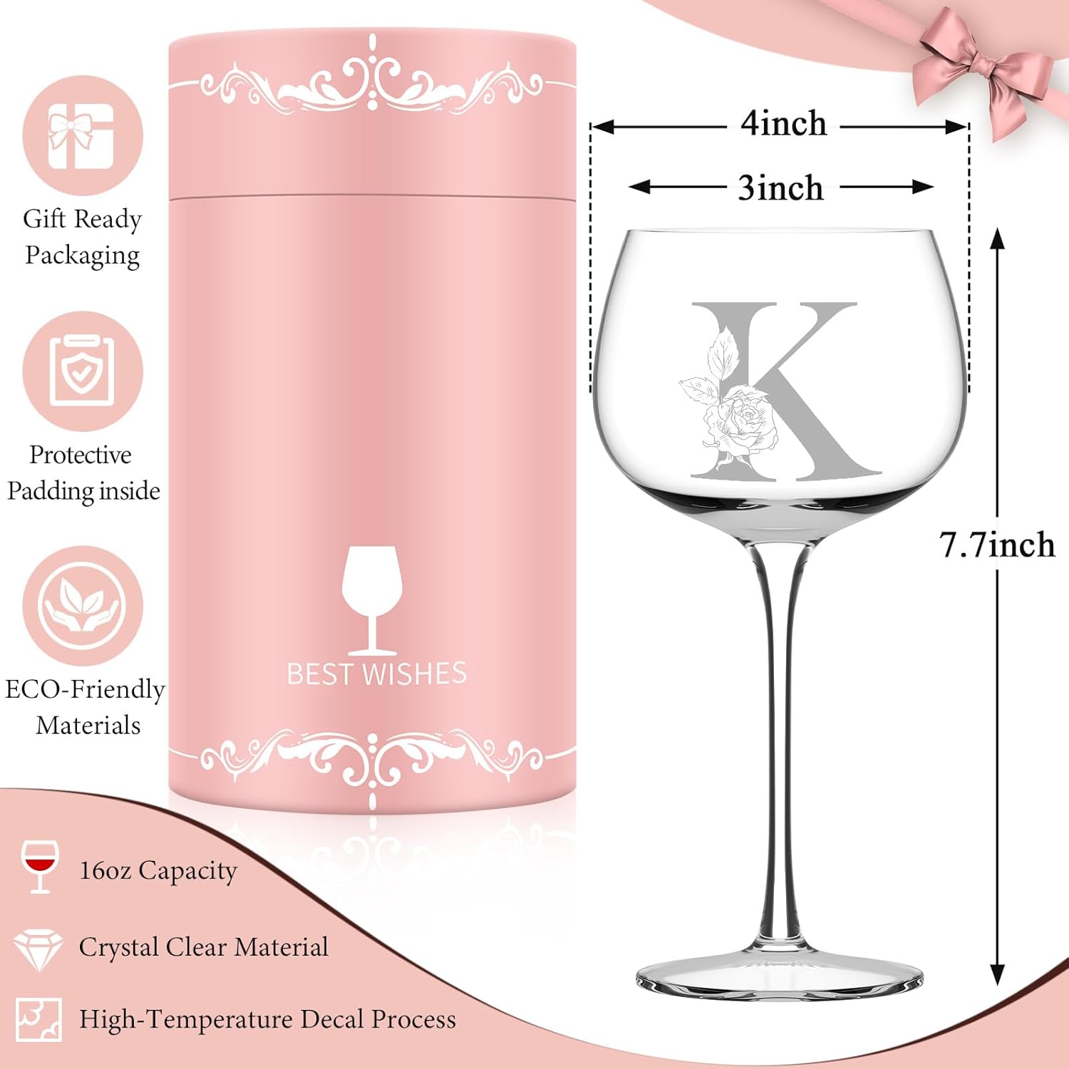 Personalized Gifts for Women, Monogrammed A-Z Wine Glass Customized Gift, Unique Christmas Birthday Gifts for Women Her Mom Friend Sister Wife Daughter Nurse (K) - Image 6