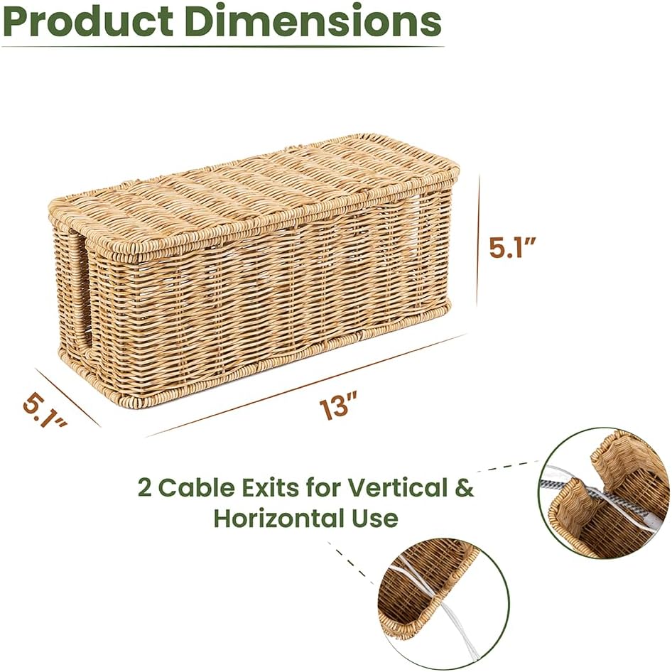 Cable Management Box, Handmade Rattan Cable Organizer with 2 Open Slots, Cord Hider for Power Strip, Router & USB Hub, Registered U.S. Design Patent (D1,112,102), 13" x 5.1" x 5.1", Natural - Image 9