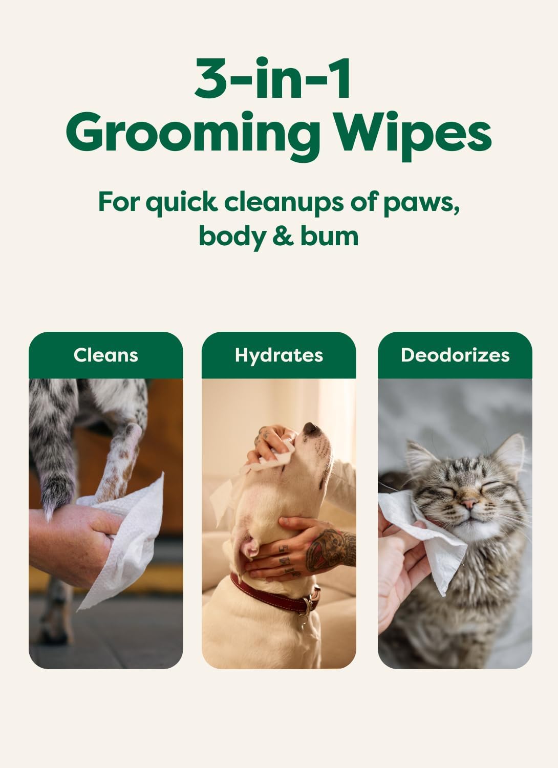 Earth Rated Pet Wipes for Dogs and Cats, Hypoallergenic, 3-in-1 Cleaning, Deodorizing and Hydrating, for Grooming Paws, Body and Butt, Unscented, 100 Count - Image 4