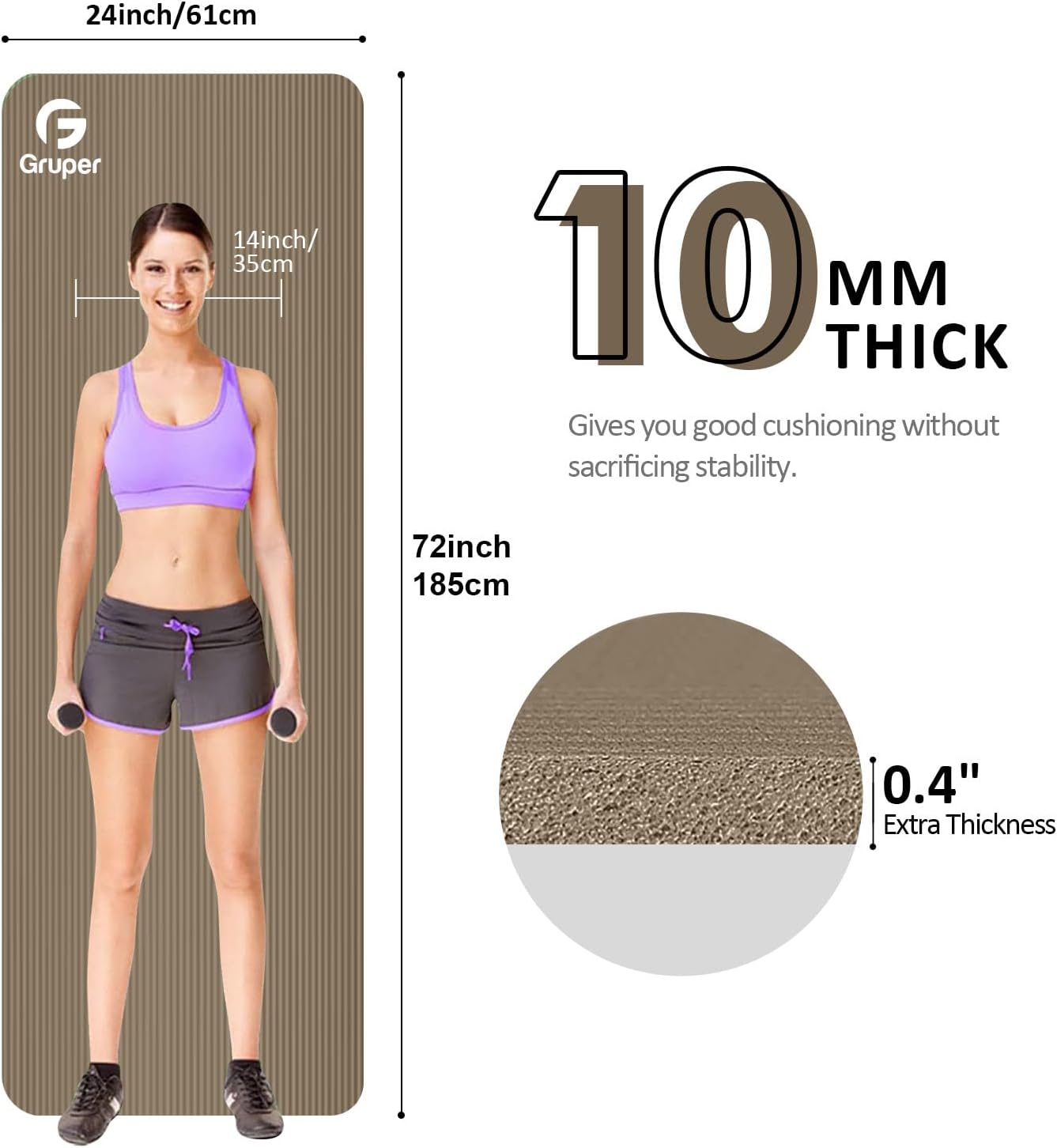 Gruper Yoga Mat Non Slip NBR Extra Thick Yoga Mat, 72"L x 32"/24"W x 0.6"/0.4"TH (185cm x 80cm/61cm x 15mm/10mm), Anti-Tear Exercise Mat with Carrying Strap and Bag, Workout Mats for Yoga, Pilates - Image 2
