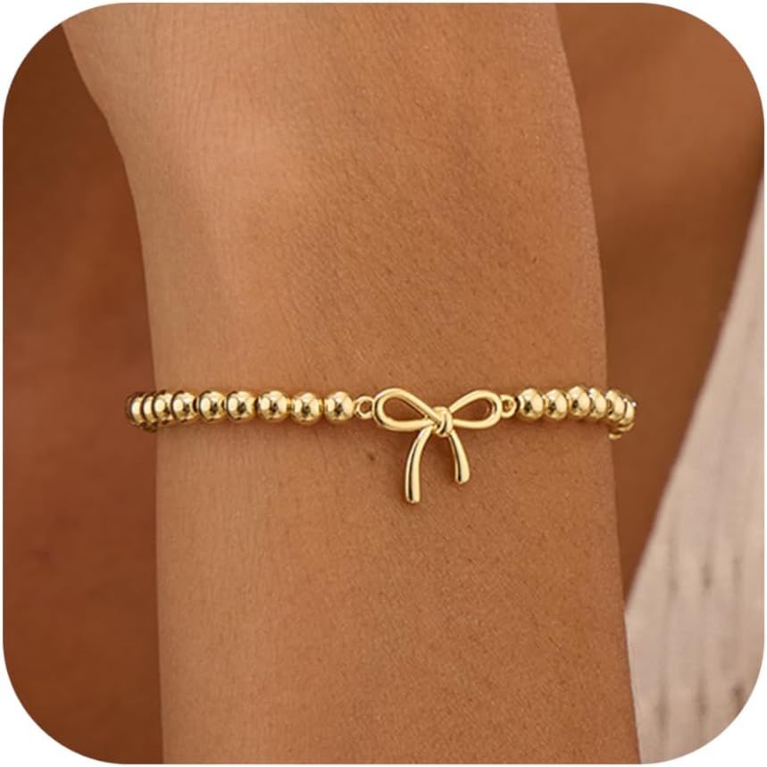 Easter Basket Stuffers - Beaded Bracelets for Women 14K Silver Gold Plated Stretch Handmade Ball Bracelets Cute Charm Bracelet Dainty Stackable Cross Heart Bow Wave CZ Trendy Jewelry Gifts - Image 9