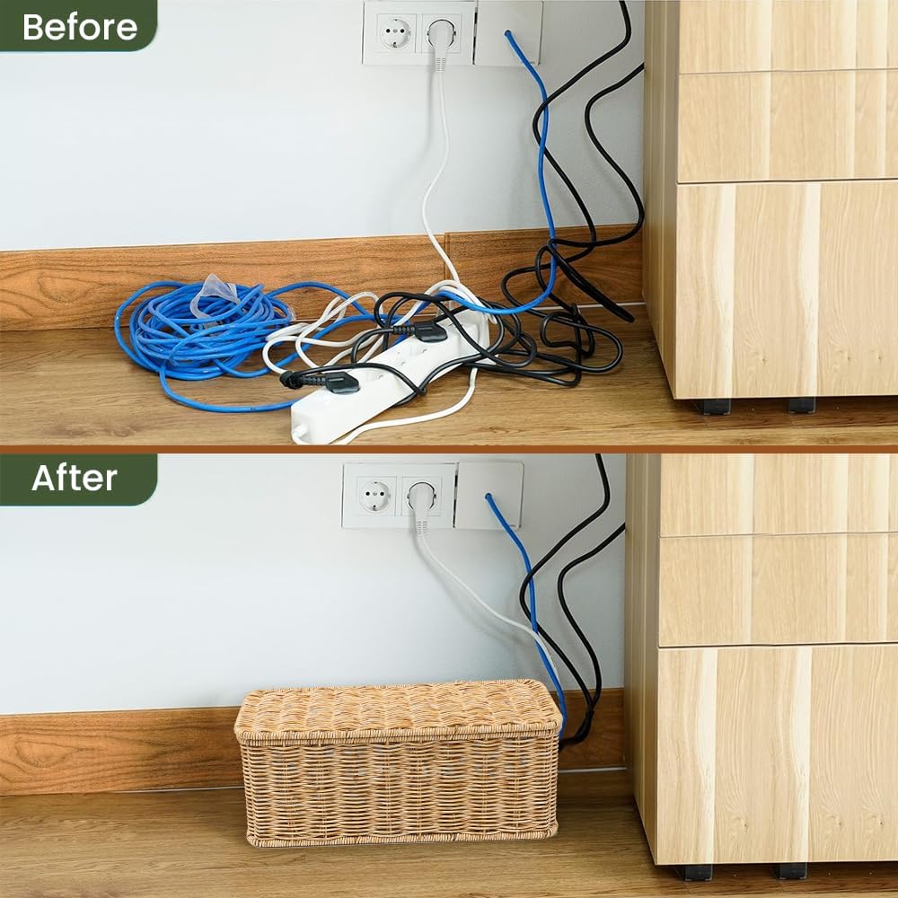 Cable Management Box, Handmade Rattan Cable Organizer with 2 Open Slots, Cord Hider for Power Strip, Router & USB Hub, Registered U.S. Design Patent (D1,112,102), 13" x 5.1" x 5.1", Natural - Image 4