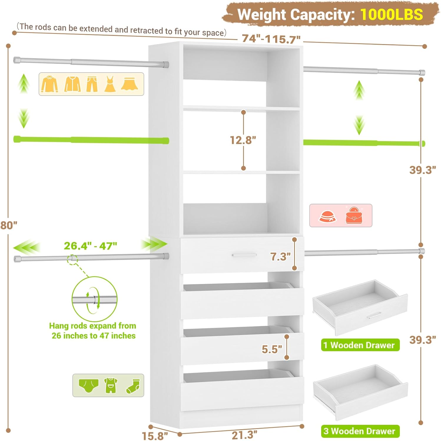 Aheaplus Closet System, 4-9Ft Closet Organizer with 4 Wooden Drawers, Wood Closet Organizer System with Tower, Walk-in Closet Organizer Wardrobe Clothes Rack with 4 Hanging Rods, Garment Rack, White - Image 7