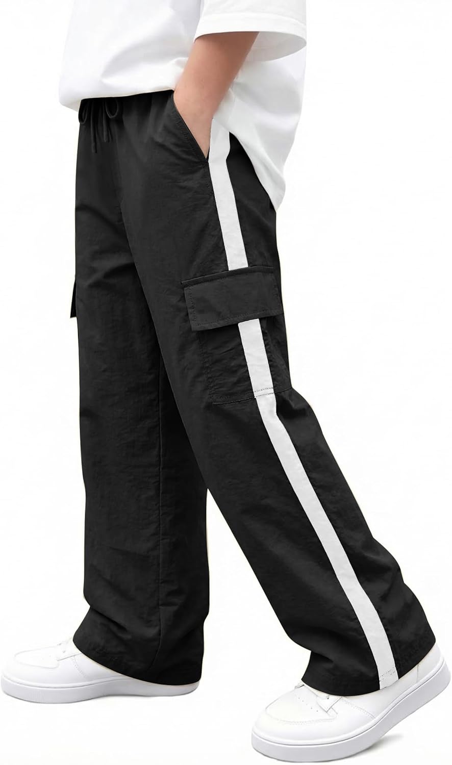 Haloumoning Boys Wide Leg Cargo Pants Kids Striped Elastic Waist Parachute Trousers with Pockets 5-14 Years