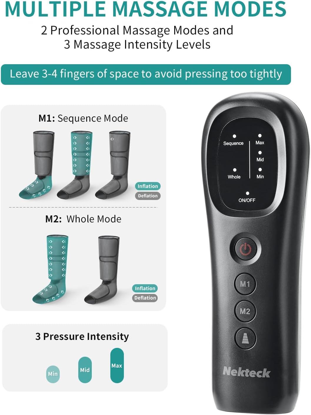 Nekteck Leg Compression Massager for Circulation and Relaxation, FSA Eligible Foot and Calf Massage Machine 2 Modes 3 Intensities with Hand-held Controller for Pain Relief, HSA Adjustable Leg Wraps - Image 4