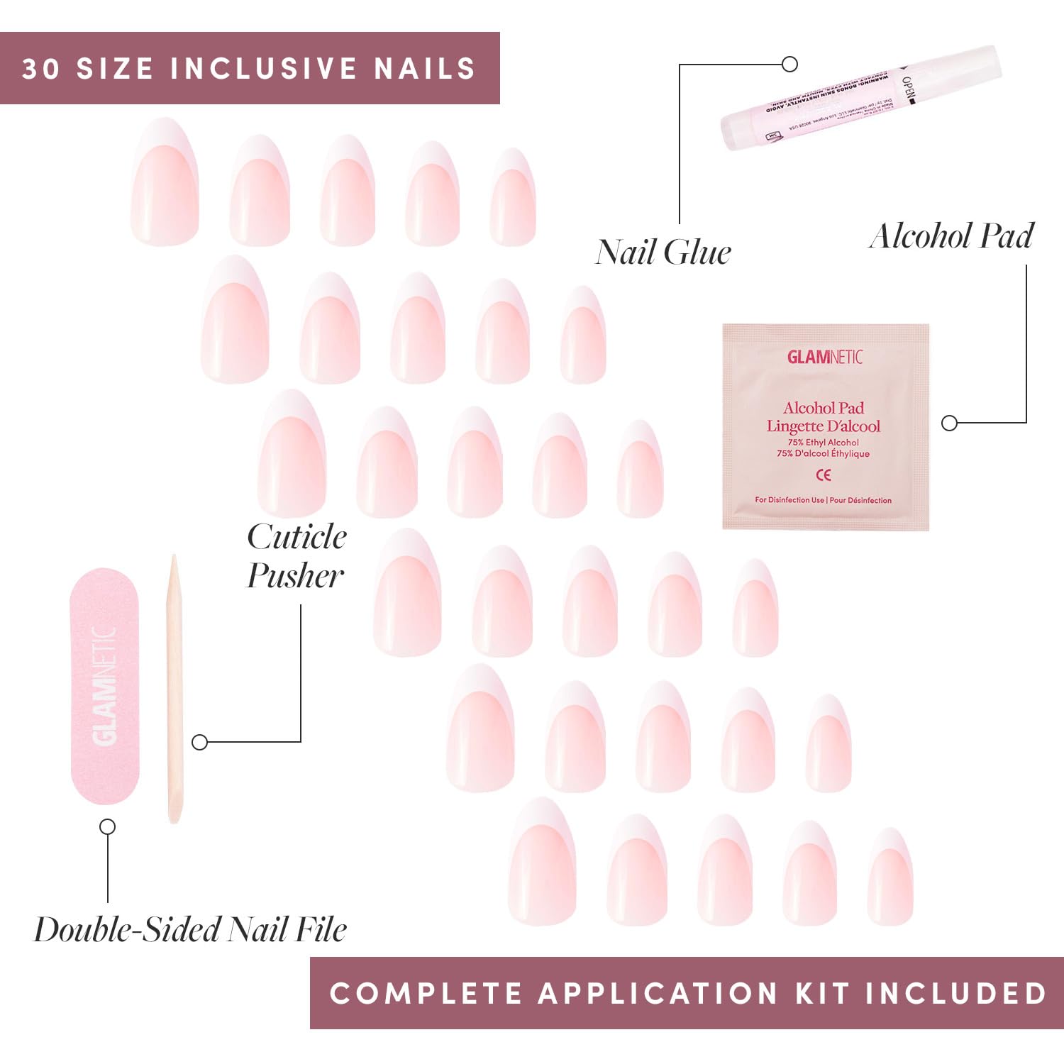 Glamnetic Press On Nails - MaDamn | French Tip UV Finish Short Pointed Almond Fake Nails, Salon Quality Semi-Transparent Nails in 12 Sizes - 24 Nail Kit with Glue - Image 4
