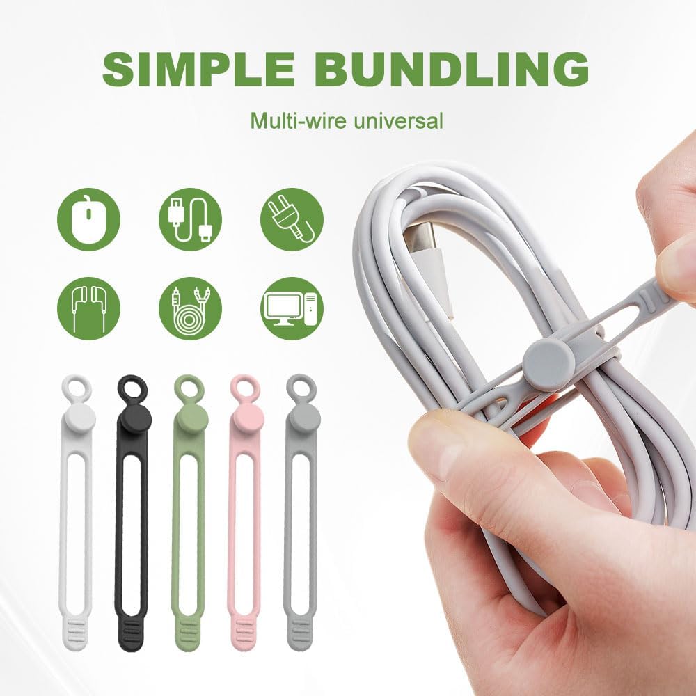 Data Cable Organizer, 2026 Upgrade Silicone Headphone Organizers, Silicone Cable Ties Reusable Cable Management Organizers Multipurpose Elastic Cord Organizer for Bundling and Fastening Cables (5Pcs) - Image 5