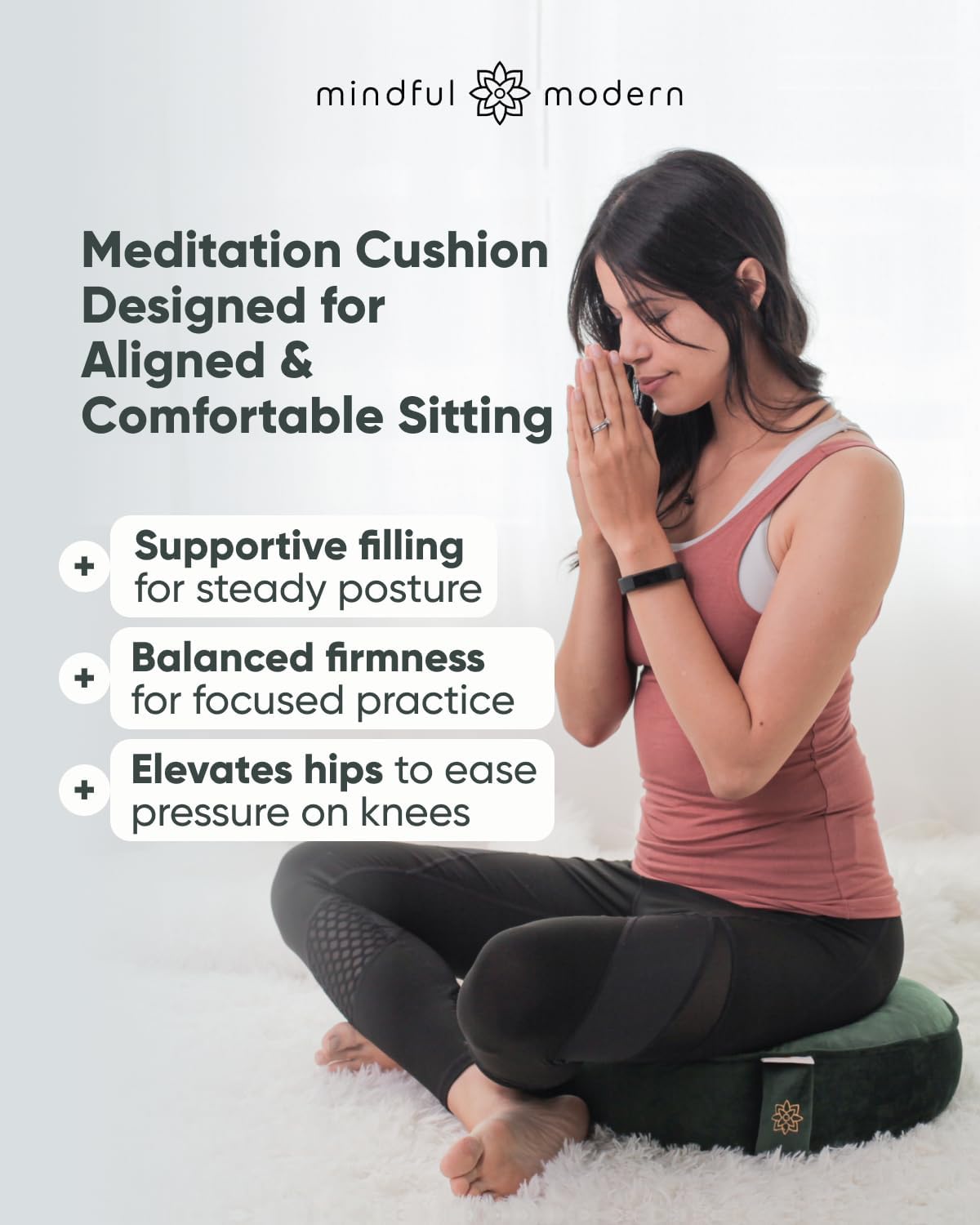 Mindful Modern Velvet Meditation Cushion | Luxe Zafu Yoga Floor Pillow Seat | Posture Support | Buckwheat Hull Filled | Large Round Cushion with Removable Washable Cover + Carry Handle - Image 2