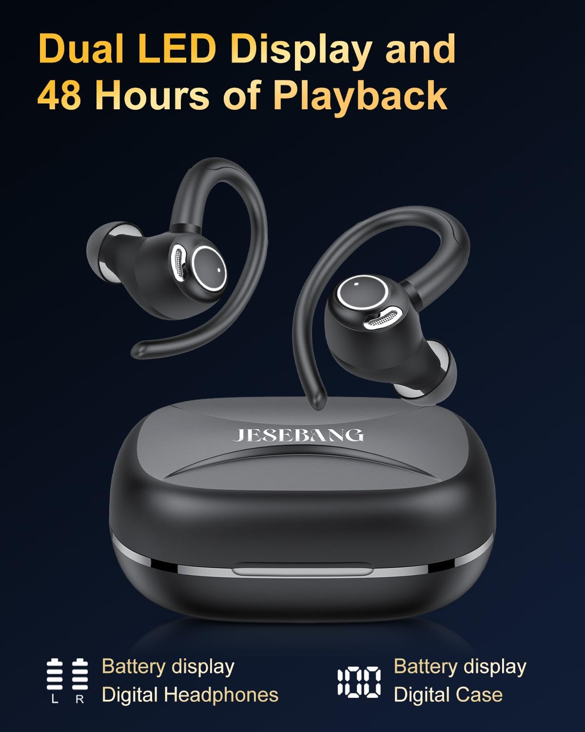 Wireless Earbuds, Bluetooth 5.4 Headphones Sport, Over Ear Buds With ENC Noise Cancelling Mic, 48H, Wireless Earphone With Earhooks, Stereo Deep Bass, IP7 Waterproof ear bud for Workout Running, Black - Image 5