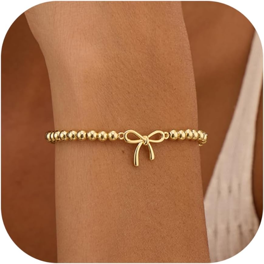Easter Basket Stuffers - Beaded Bracelets for Women 14K Silver Gold Plated Stretch Handmade Ball Bracelets Cute Charm Bracelet Dainty Stackable Cross Heart Bow Wave CZ Trendy Jewelry Gifts
