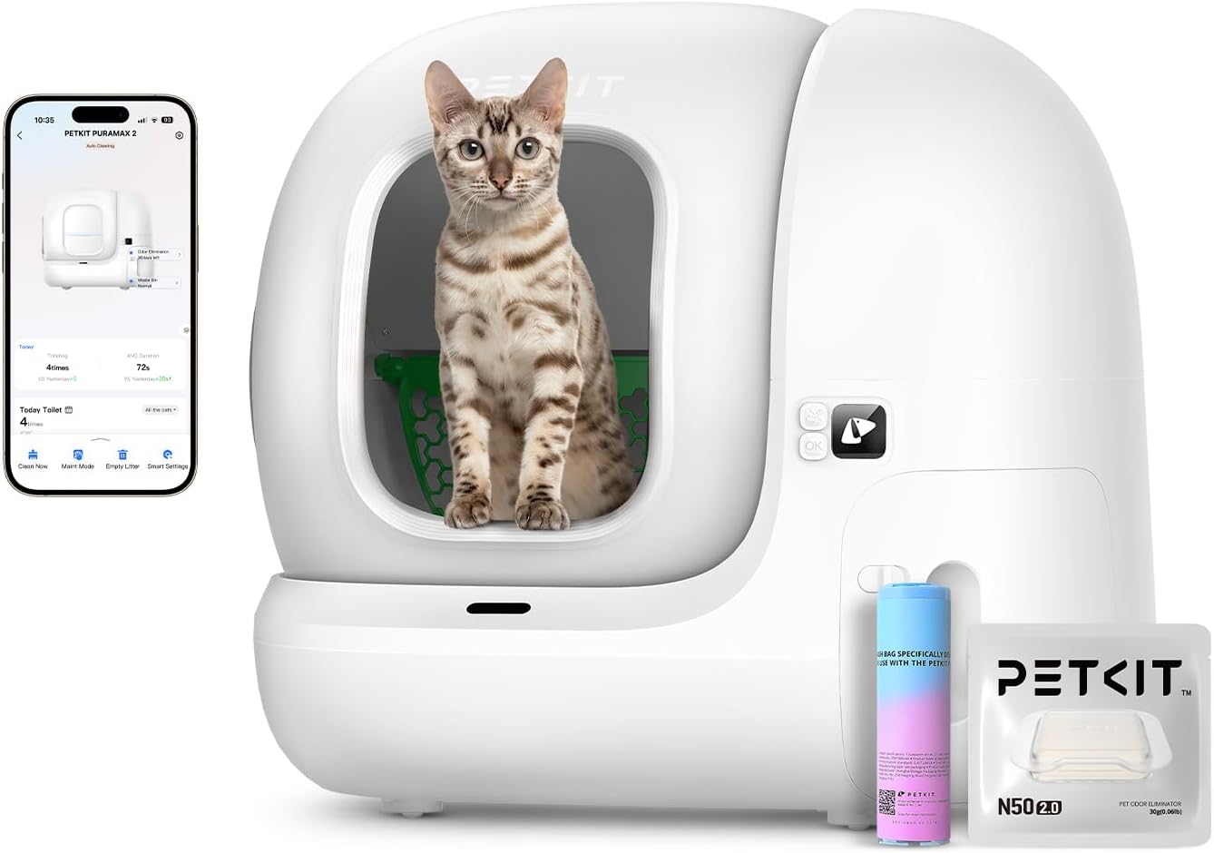 PETKIT PuraMax 2 Automatic Self-Cleaning Cat Litter Box, App Control Automatic Litter Box with Safety Sensors, Odor Free & Anti-Leakage Basic Bundle Includes Trash Bags,2.4G WiFi & Low Entrance