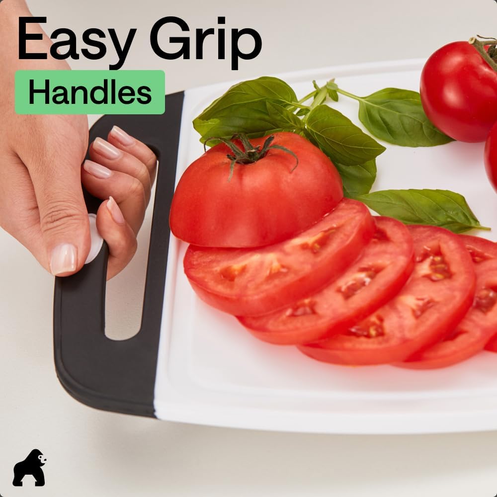 GORILLA GRIP BPA-Free Reversible Kitchen Cutting Board Set of 3, US Designed, Nonporous, Juice Grooves Catch Liquid, Slip Resistant Border, Dishwasher Safe, Durable Large Food Chopping Boards, Black - Image 8