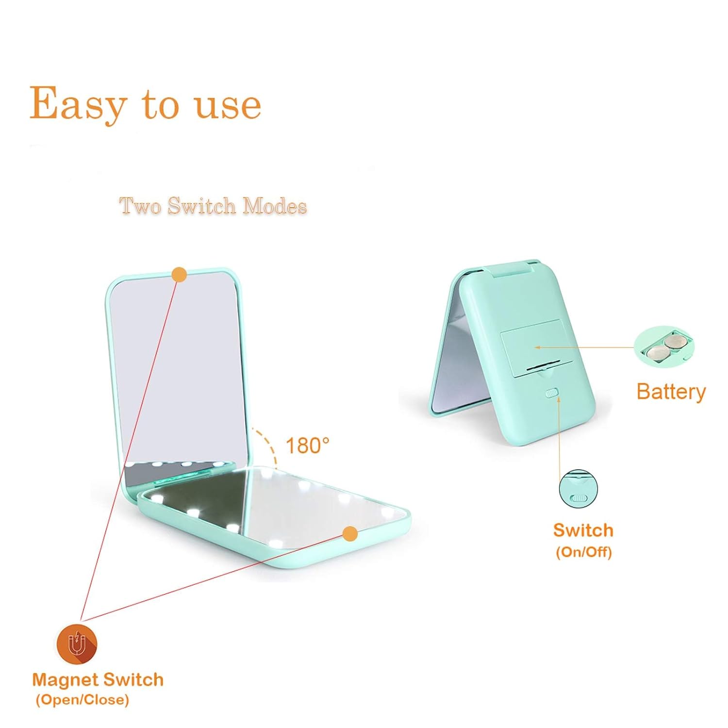 Kintion Pocket Mirror, 1X/3X Magnification LED Compact Travel Makeup Mirror with Light for Purse, 2-Sided, Portable, Folding, Handheld, Small Lighted Mirror for Gift, Cyan - Image 3