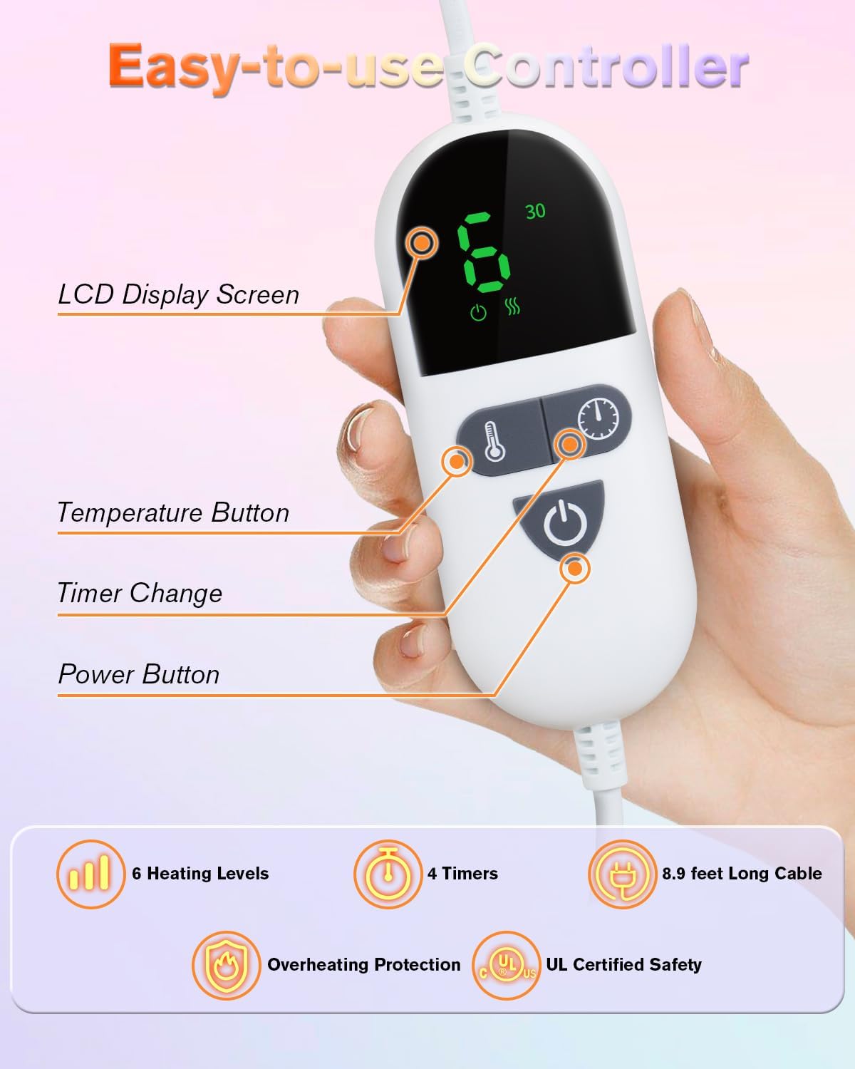 Heating Pad for Neck and Shoulders and Back, Pain Relief Electric Heating Pad Large Size 24”X33” with 4 Timers, 6 Heat Levels, Auto-Off, Mothers Day & Birthday Gifts for Women Mom Wife Grandma, Purple - Image 3