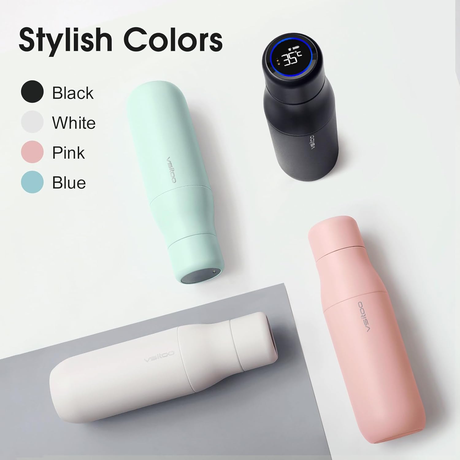 VSITOO 14.8oz Mini Smart Self-Cleaning Water Bottle,Small Insulated Stainless Steel Thermoses with AI Self-Clean, 30-Day Battery & Magnetic Charging for Travel, Gym, Office or Purse, Black - Image 7