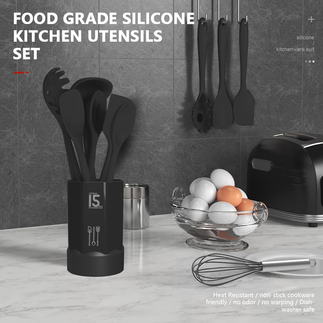 AOTHOD Silicone Cooking Utensils Set - 446°F Heat Resistant Kitchen Utensils,Turner Tongs,Spatula,Spoon,Brush,Whisk,Kitchen Utensil Gadgets Tools Set for Nonstick Cookware,Dishwasher Safe (BPA Free) - Image 2