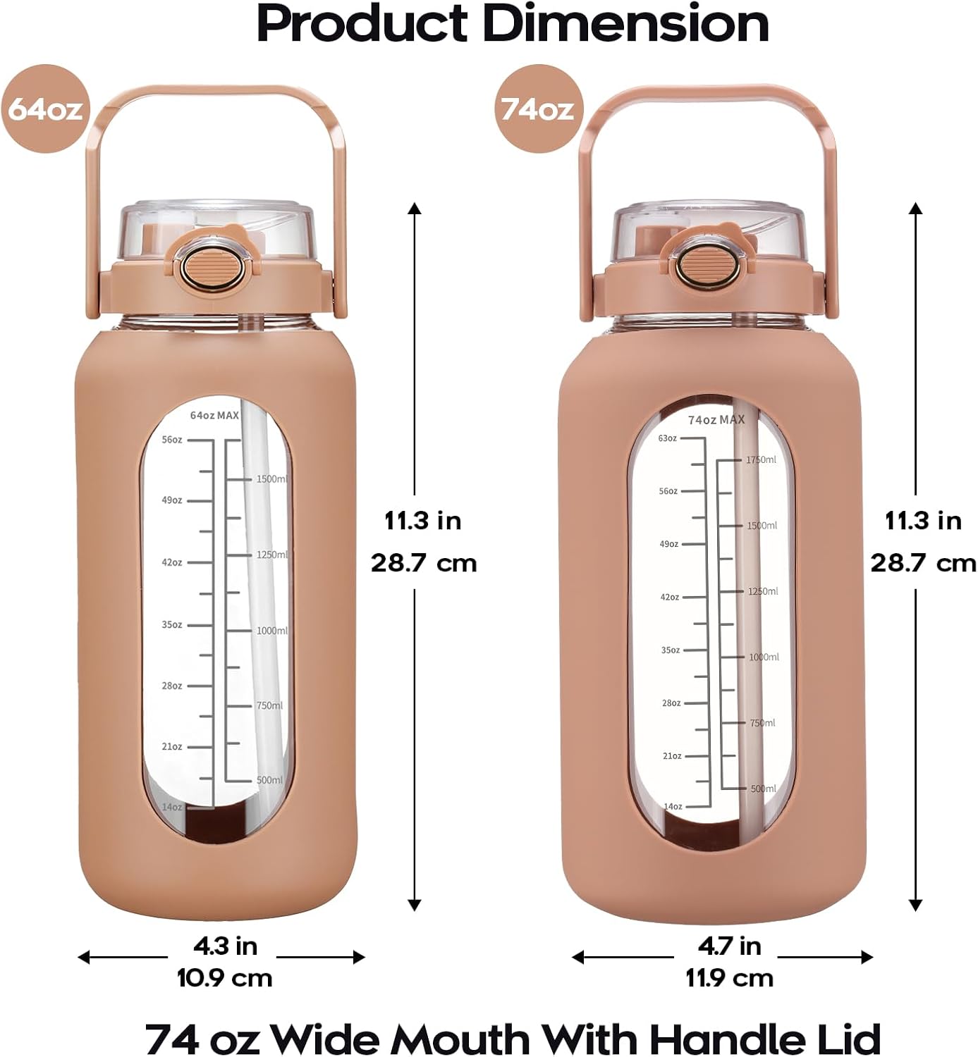 74 oz Glass Water Bolttles with Straw Large Motivational Water Bottle with Time Marker Sports Water Bottles with Silicone Sleeve and Handle Lid 2.2L Water Jug for Gym Workout - Image 5