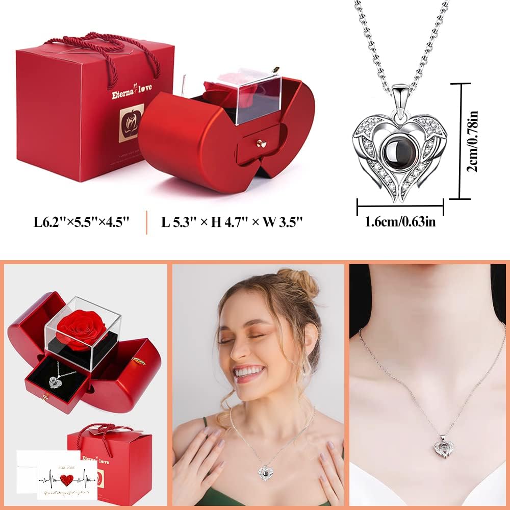 Preserved Real Rose with I love you Necklace 100 Languages, Gifts for Girlfriend, Women, Mom, Wife, Gifts Idea on Christmas, Valentine's Day, Mother's Day, Birthday, Anniversary, Thanksgiving - Image 6