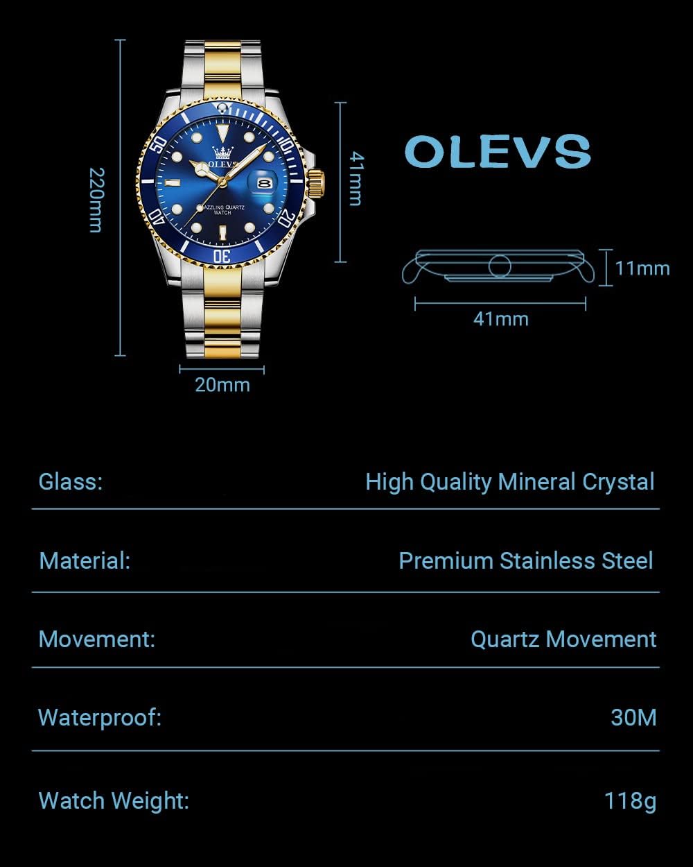 OLEVS Men's Watches with Date, Premium Gold and Silver Stainless Steel Analog Watches for Men, Classic Rotatable Bezel Men's Cuff Watches, Blue/Green/Black Dial - Image 6
