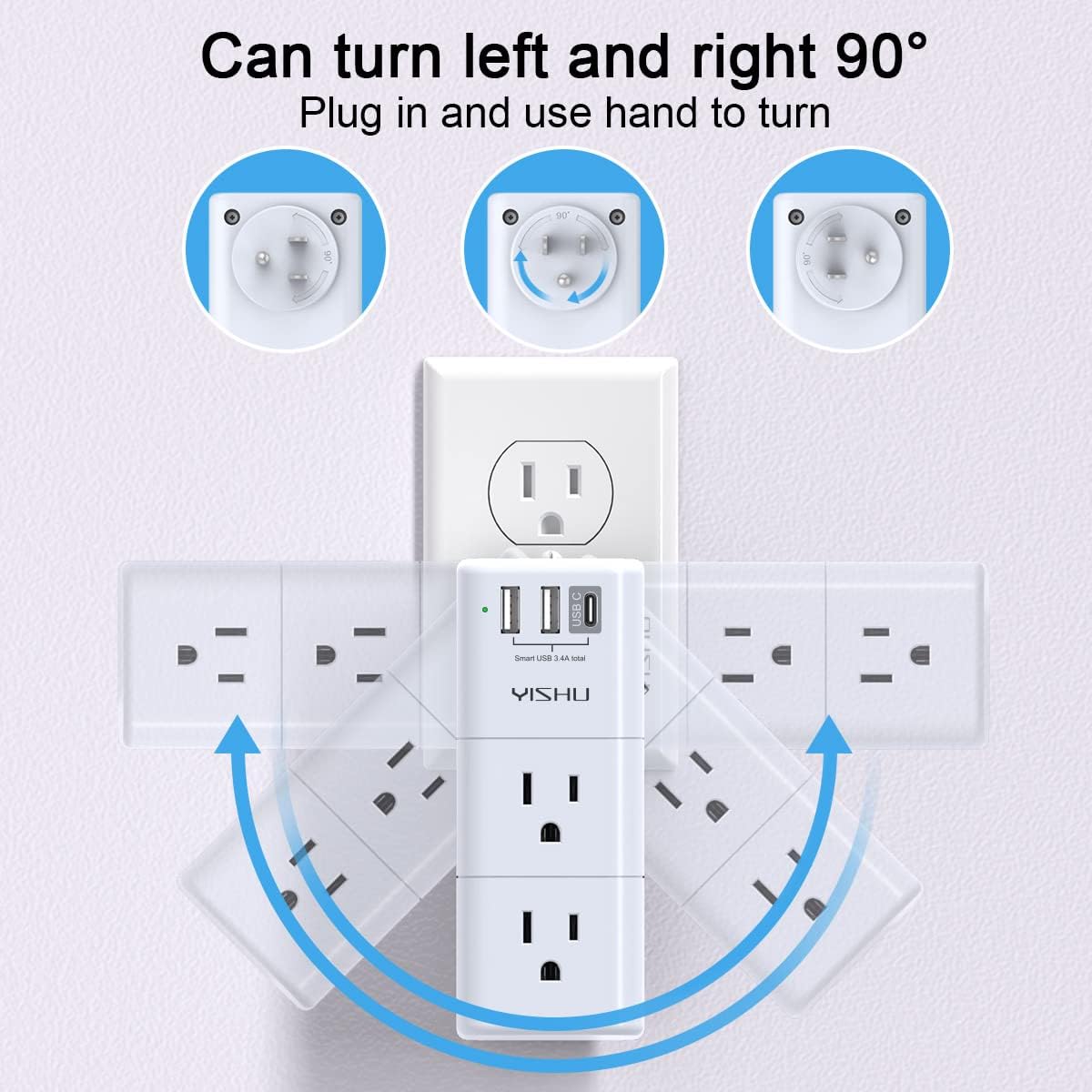 USB Multi Plug Outlet Extender - YISHU Surge Protector with Rotating Plug, 6 AC Plug Extender with 3 USB Ports, 3-Sided Swivel Power Strip Best Ideal Stocking Stuffers for Adults - Image 5