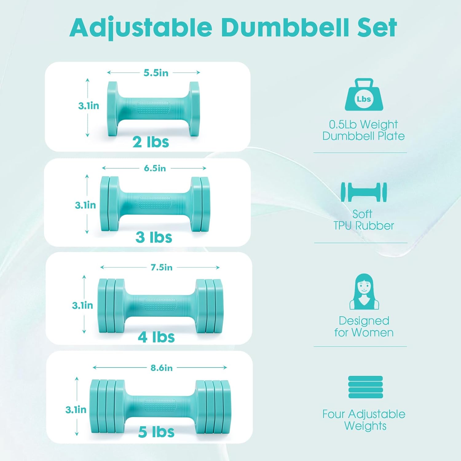 Adjustable Dumbbell Set, 4 in 1 Free Weights Dumbbells Set for Women, Weights for Women at Home, 2lb 3lb 4lb 5lb with TPU Soft Rubber Handle for Home Gym Exercise Training - Image 4