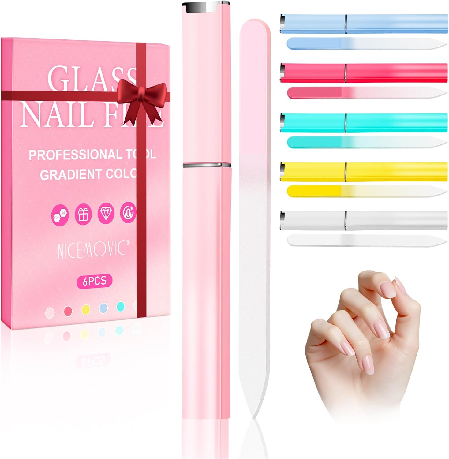 NICEMOVIC 6 Pack Glass Nail File for Natural Nails, Stocking Stuffers for Teen Girls Women Adults, Eater Valentines Birthday Christmas Gifts for Teens Girl Grandkids Mom Wife Her, Nail File and Buffer