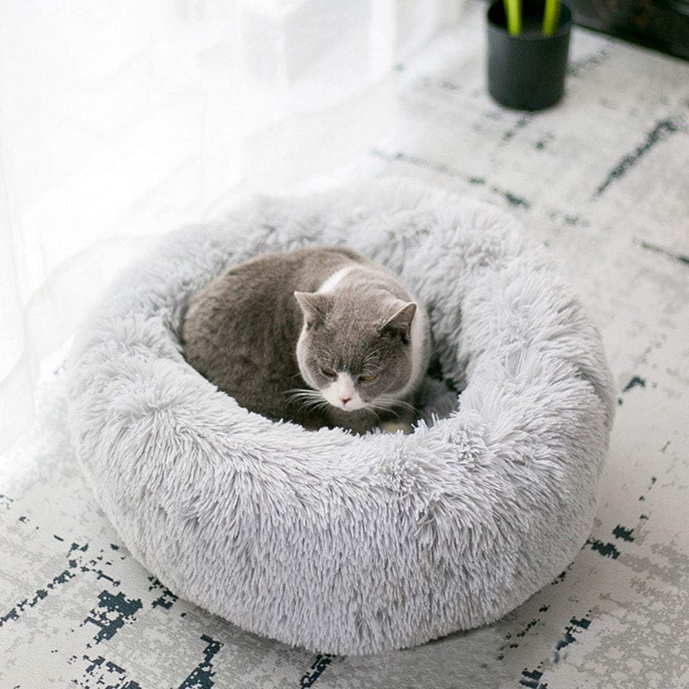 BODISEINT Modern Soft Plush Round Pet Bed for Cats or Small Dogs, Mini Medium Sized Dog Cat Bed Self Warming Autumn Winter Indoor Snooze Sleeping Cozy Kitty Teddy Kennel (20'' D x 8'' H, Light Grey) - Image 6