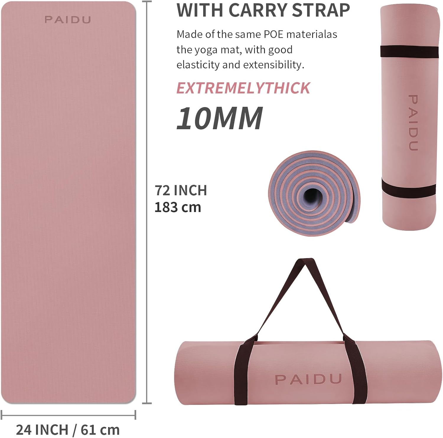 Yoga Mat Non Slip Anti-tear,extra thick-2/5 inch(10MM)High Resiliency Professional POE Yoga Mats for Women Men Kids,72"x24"inch,Workout, Yoga, Pilates and Floor Exercise, with Carrier Strap - Image 2