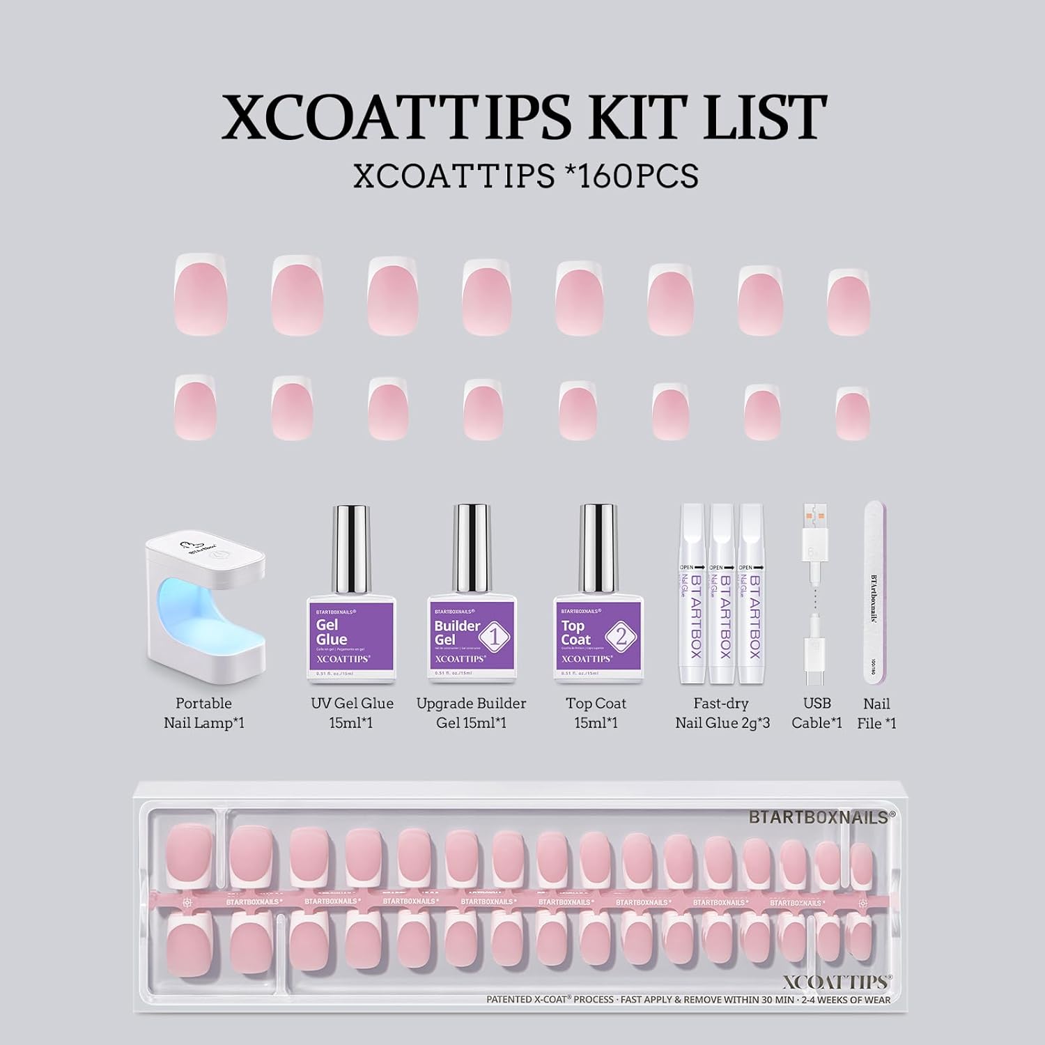 BTArtboxnails XCOATTIPS Gel Nail Kit - Short Squre French Tip Press on Nails Kit, Pink Soft Gel Nail Tips with Nail Gel, French Protecing Duo and Nail Lamp for Gift Home DIY - Image 6
