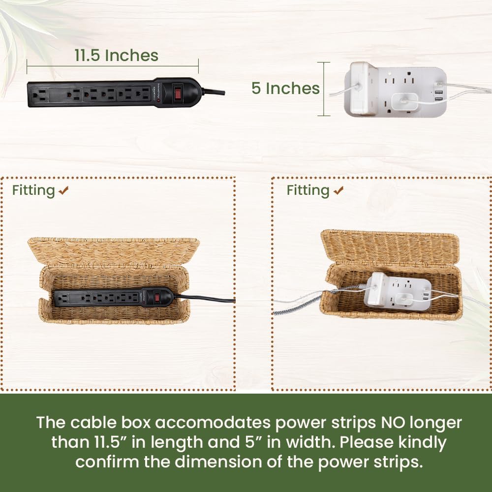 Cable Management Box, Handmade Rattan Cable Organizer with 2 Open Slots, Cord Hider for Power Strip, Router & USB Hub, Registered U.S. Design Patent (D1,112,102), 13" x 5.1" x 5.1", Natural - Image 3