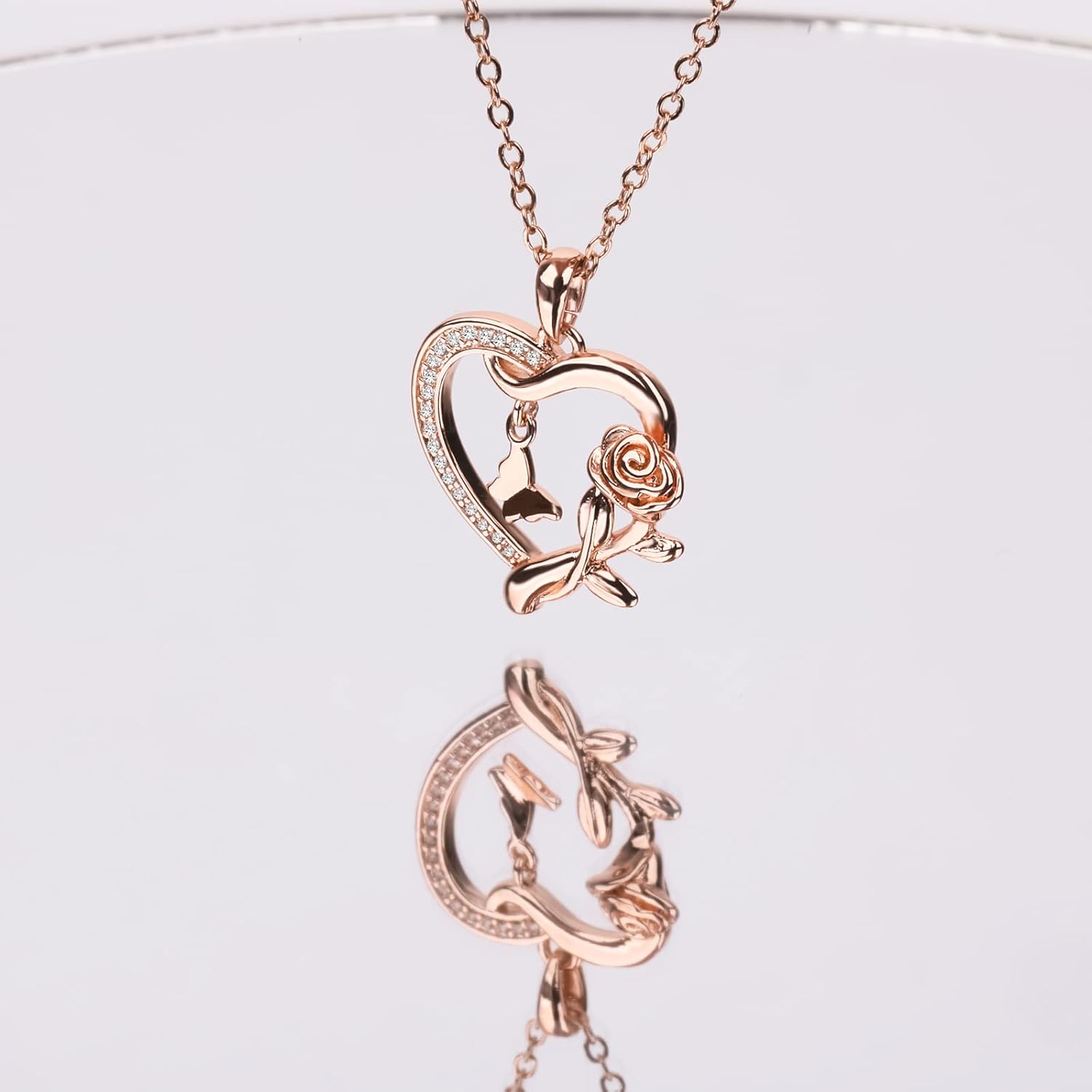 Heart Necklace for Women Sterling Silver/14k Gold Plated/Rose Gold CZ Romantic Rose and Butterfly Jewelry for women Birthday Valentine's Day Gift for Girls - Image 2