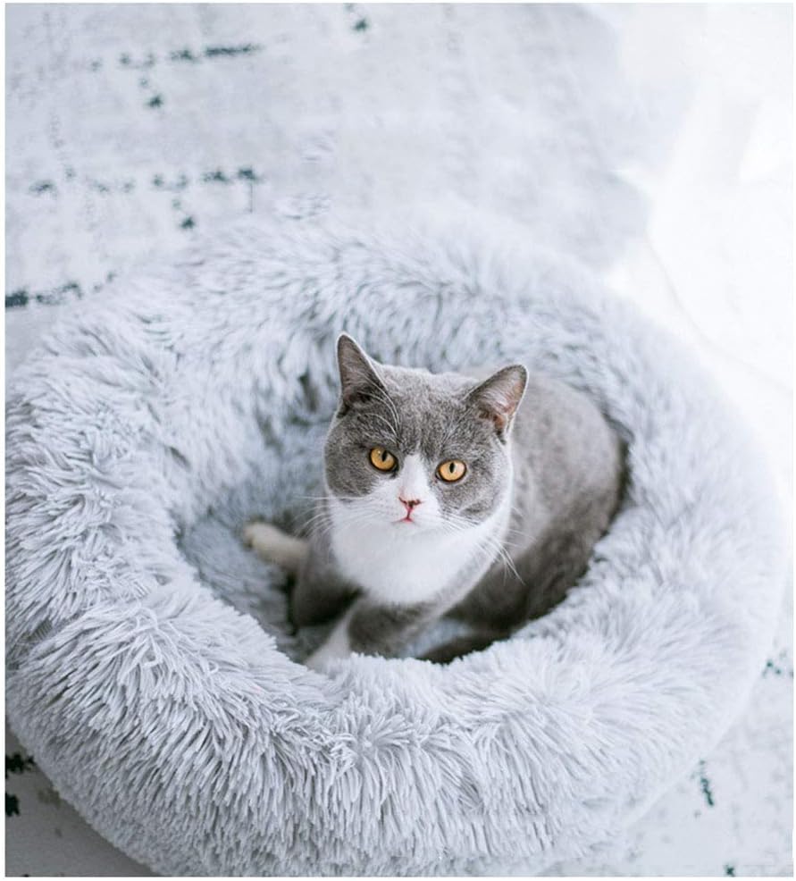 BODISEINT Modern Soft Plush Round Pet Bed for Cats or Small Dogs, Mini Medium Sized Dog Cat Bed Self Warming Autumn Winter Indoor Snooze Sleeping Cozy Kitty Teddy Kennel (20'' D x 8'' H, Light Grey) - Image 5