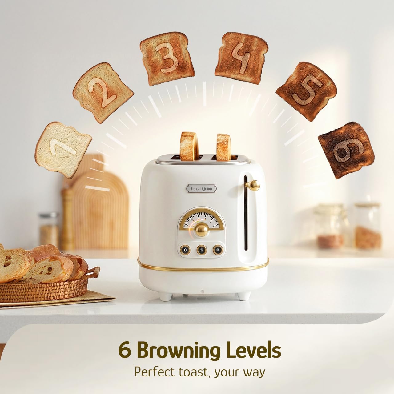 Hazel Quinn 2-Slice Retro Toaster, 6 Browning Levels, 3 Functions-Defrost/Reheat/Cancel, Removable Crumb Tray for Easy to Clean, 1.5 Inches Extra Wide Slots - Pearl White - Image 2