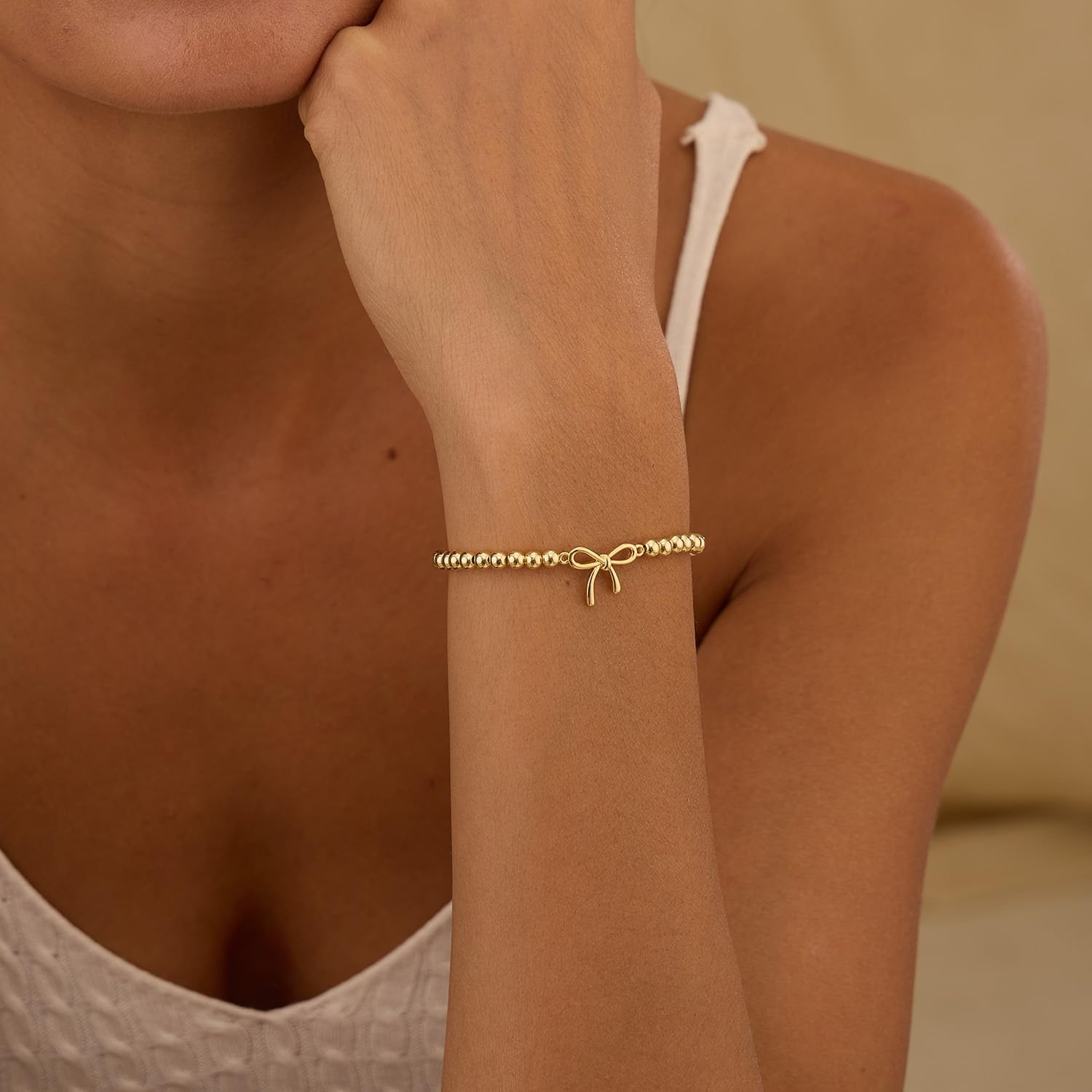 Easter Basket Stuffers - Beaded Bracelets for Women 14K Silver Gold Plated Stretch Handmade Ball Bracelets Cute Charm Bracelet Dainty Stackable Cross Heart Bow Wave CZ Trendy Jewelry Gifts - Image 3