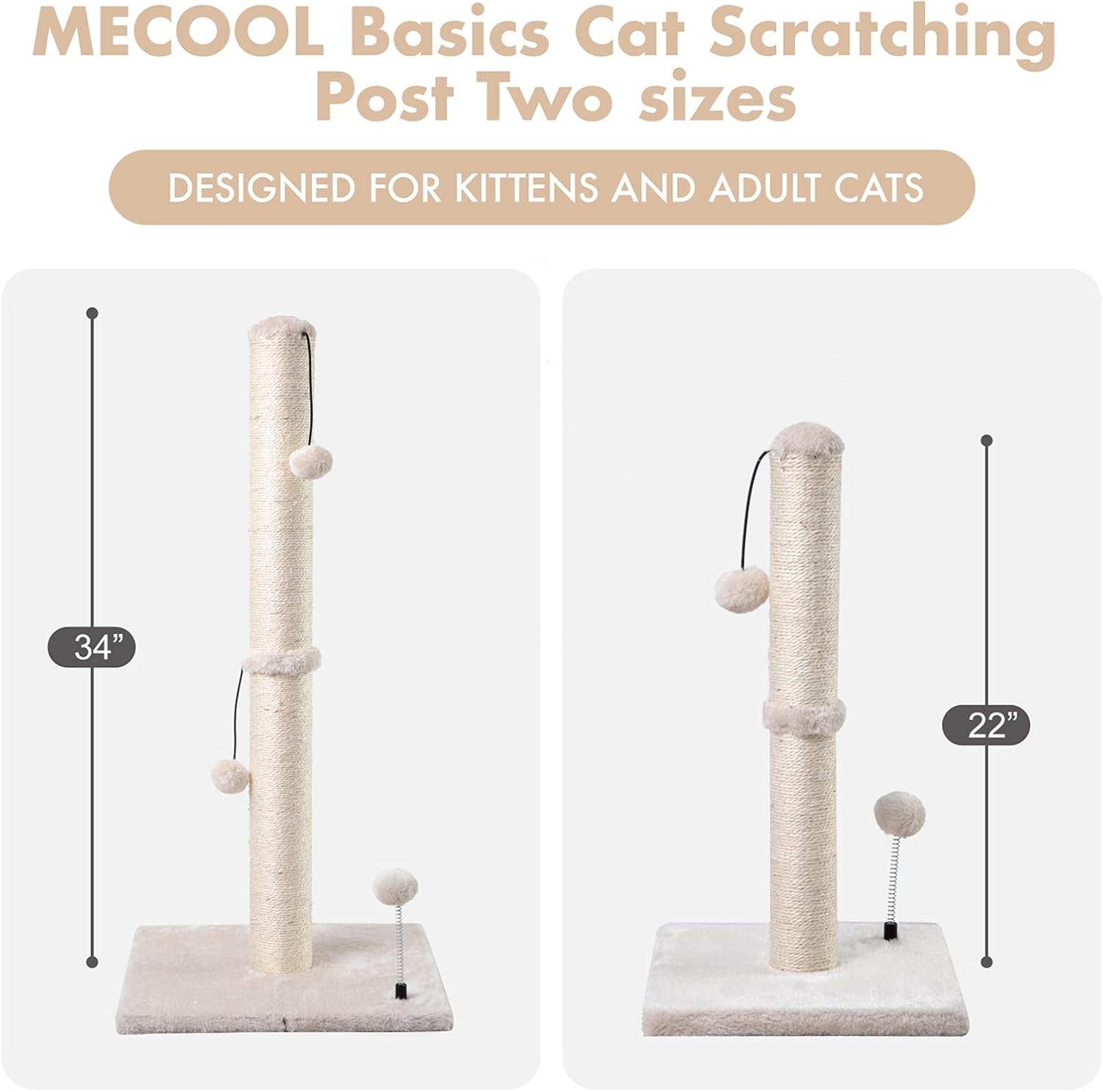 MECOOL 34” Tall Cat Scratching Post Premium Basics Kitten Scratcher Sisal Scratch Posts Trees with Hanging Ball for Indoor Cats, Beige - Image 6