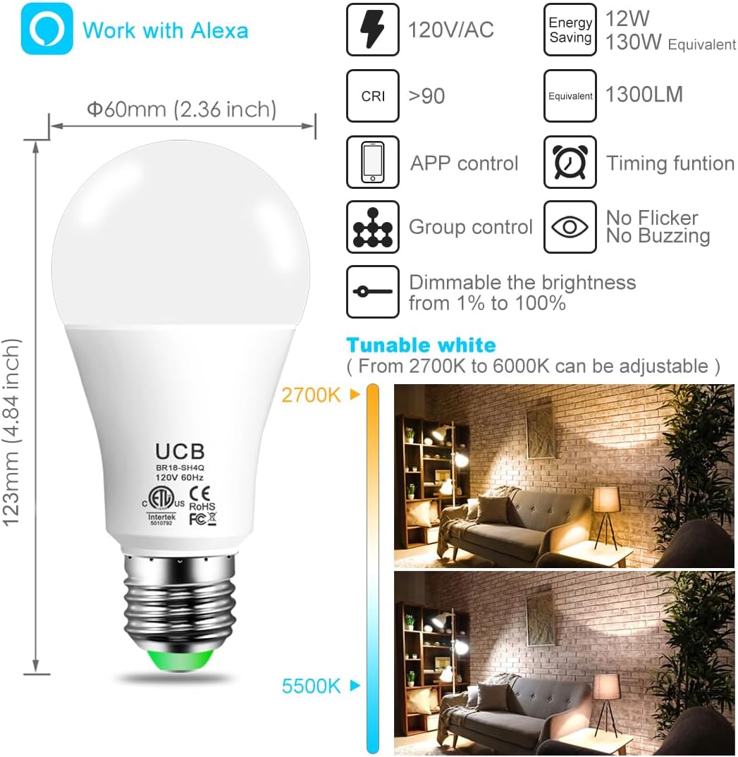 UCB Alexa Light Bulb 130W Equivalent, Smart Light Bulbs Warm White to Daylight Tunable, A19 E26 Bluetooth LED Bulbs Work with Alexa Only for Bedroom Kitchen Living Office No WiFi Required 4 Pack - Image 2