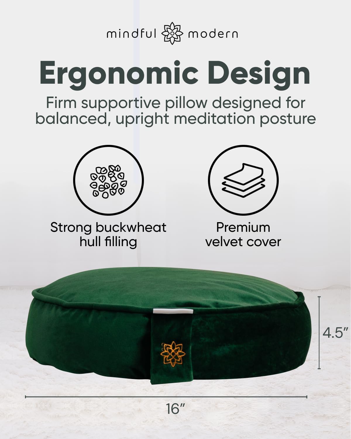 Mindful Modern Velvet Meditation Cushion | Luxe Zafu Yoga Floor Pillow Seat | Posture Support | Buckwheat Hull Filled | Large Round Cushion with Removable Washable Cover + Carry Handle - Image 3