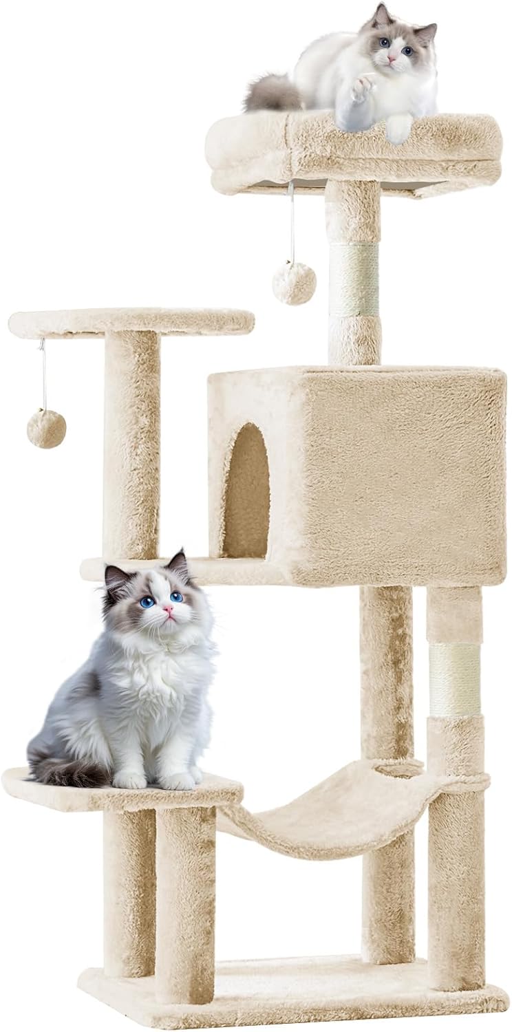 Sweetcrispy 44 Inch Cat Tree Tower, Cat Climbing Tower with Natural Sisal Scratching Posts, Hammock, Pet Condo for Indoor Cats and Kittens Play, Beige - Image 7