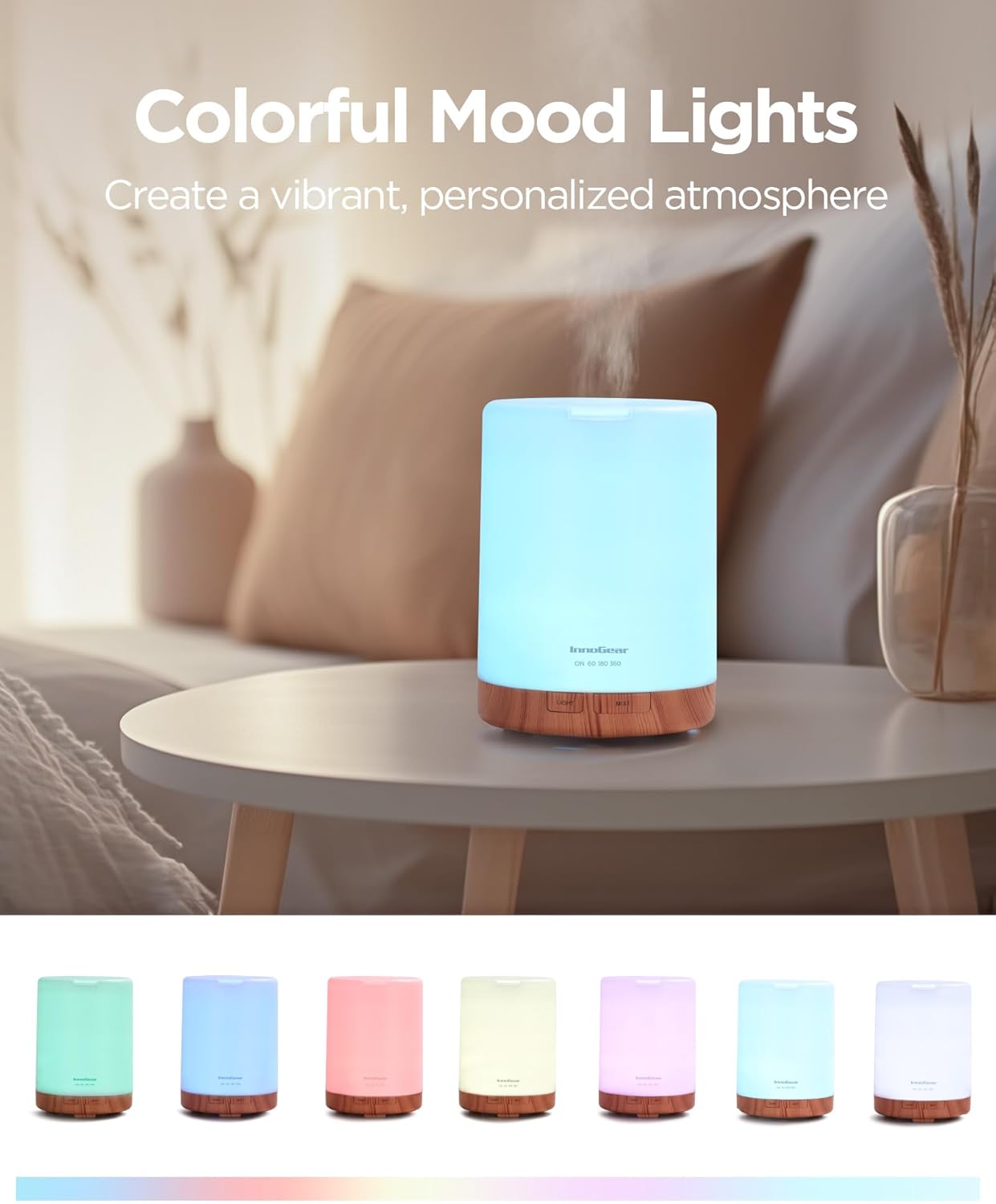 InnoGear Aromatherapy Diffuser & 8 Essential Oils Set, 300ml Premium 5-in-1 Ultrasonic Essential Oil Diffusers Scent Humidifier Aroma Diffuser Vaporizer Auto-Off Timer for Room Office Home, Yellow - Image 4