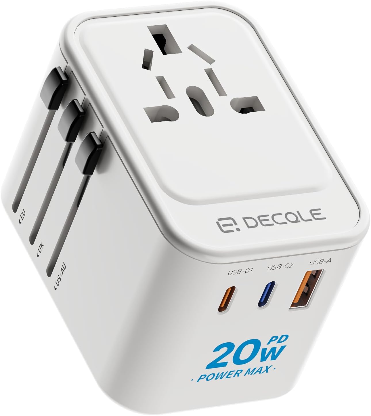 Universal Travel Adapter, International Travel Plug Adapter with 2 USB-C(PD 20W) & 1 USB-A Ports, All in One Portable Adaptor, for USA, UK, EU, AU & 224+ Countries (White) US