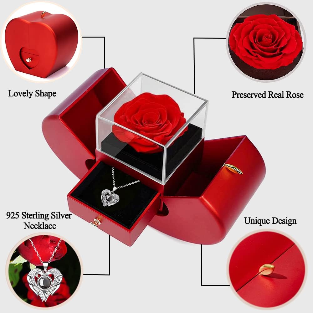 Preserved Real Rose with I love you Necklace 100 Languages, Gifts for Girlfriend, Women, Mom, Wife, Gifts Idea on Christmas, Valentine's Day, Mother's Day, Birthday, Anniversary, Thanksgiving - Image 4