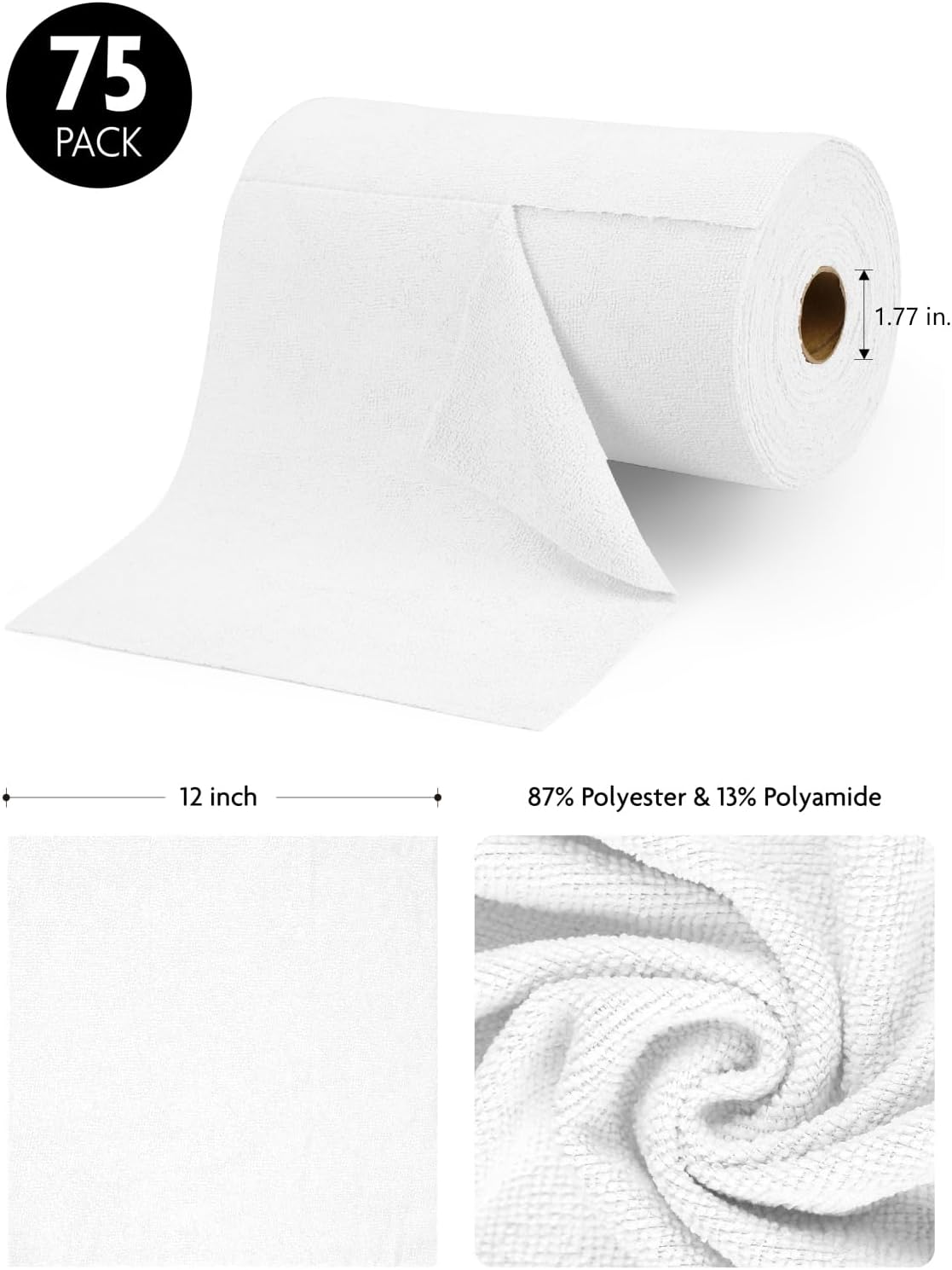 Fantasticlean Microfiber Cleaning Cloth Roll -75 Pack, Tear Away Microfiber Towels, 12" x 12", Reusable, Washable, Scratch Free, Ultra Absorbent Dishcloth for All-Around Cleaning Supplies (White) - Image 7